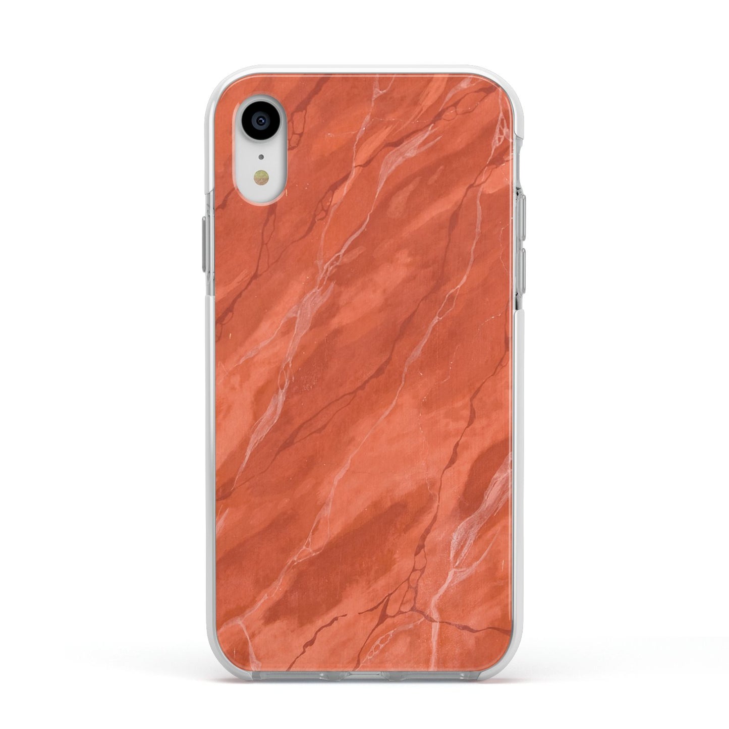 Faux Marble Red Orange Apple iPhone XR Impact Case White Edge on Silver Phone