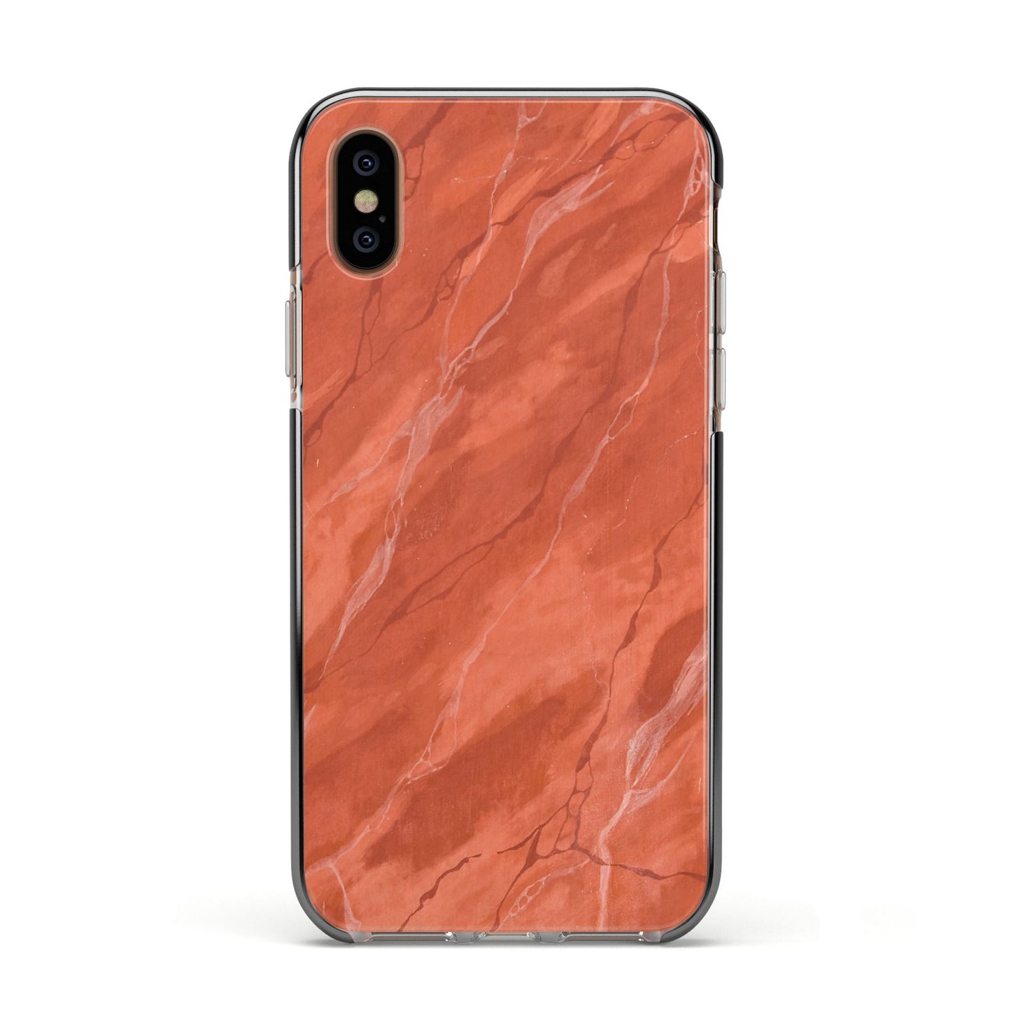 Faux Marble Red Orange Apple iPhone Xs Impact Case Black Edge on Gold Phone