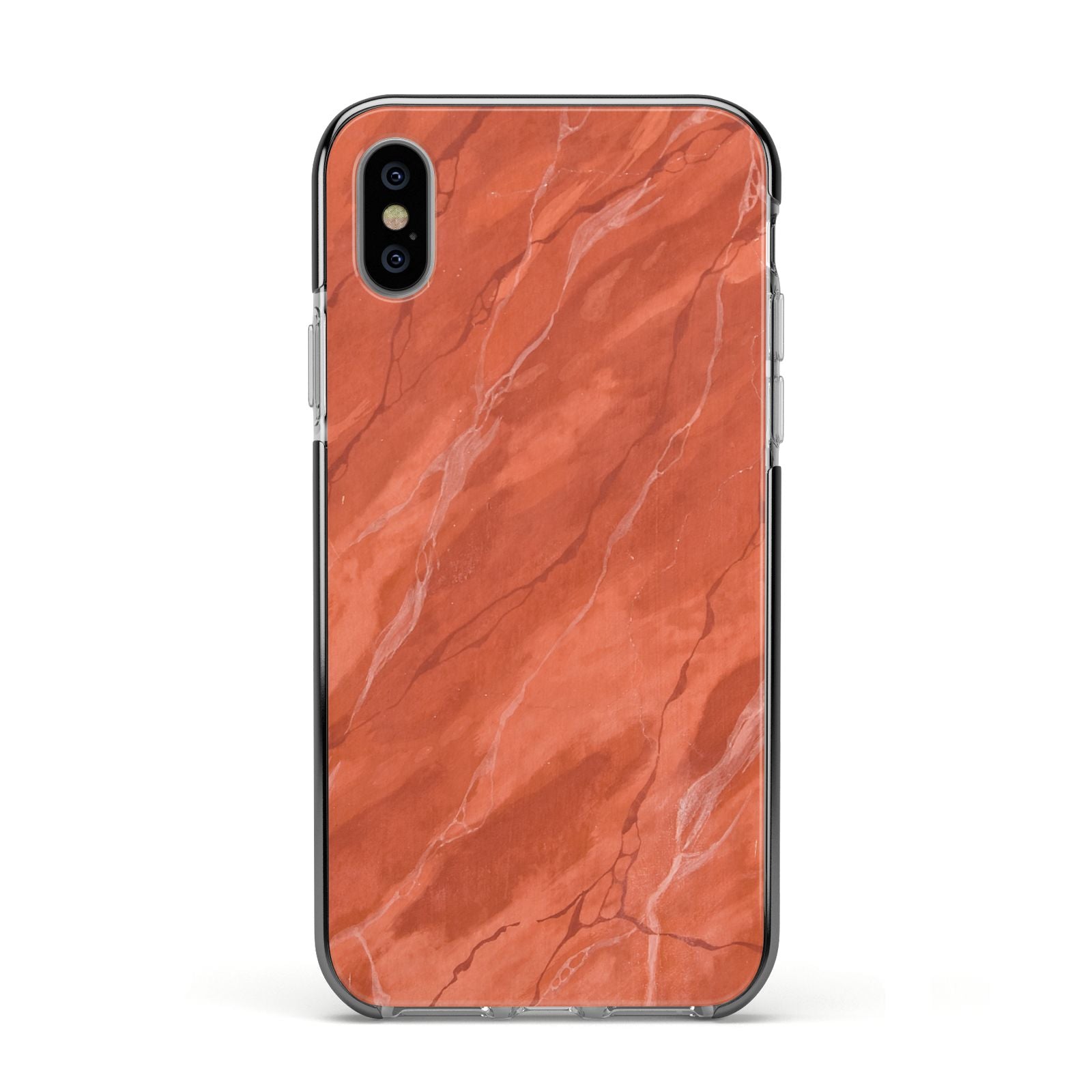 Faux Marble Red Orange Apple iPhone Xs Impact Case Black Edge on Silver Phone