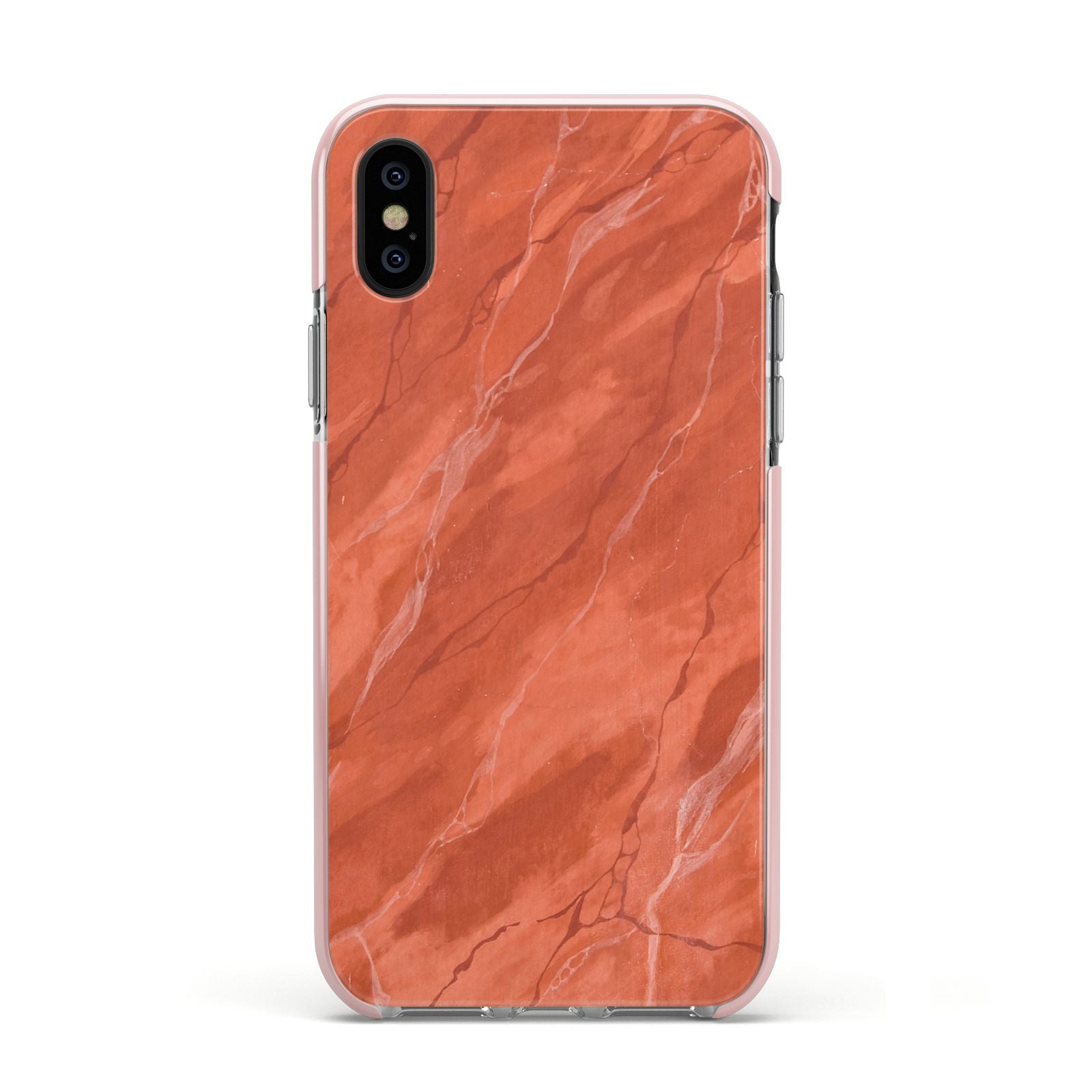 Faux Marble Red Orange Apple iPhone Xs Impact Case Pink Edge on Black Phone