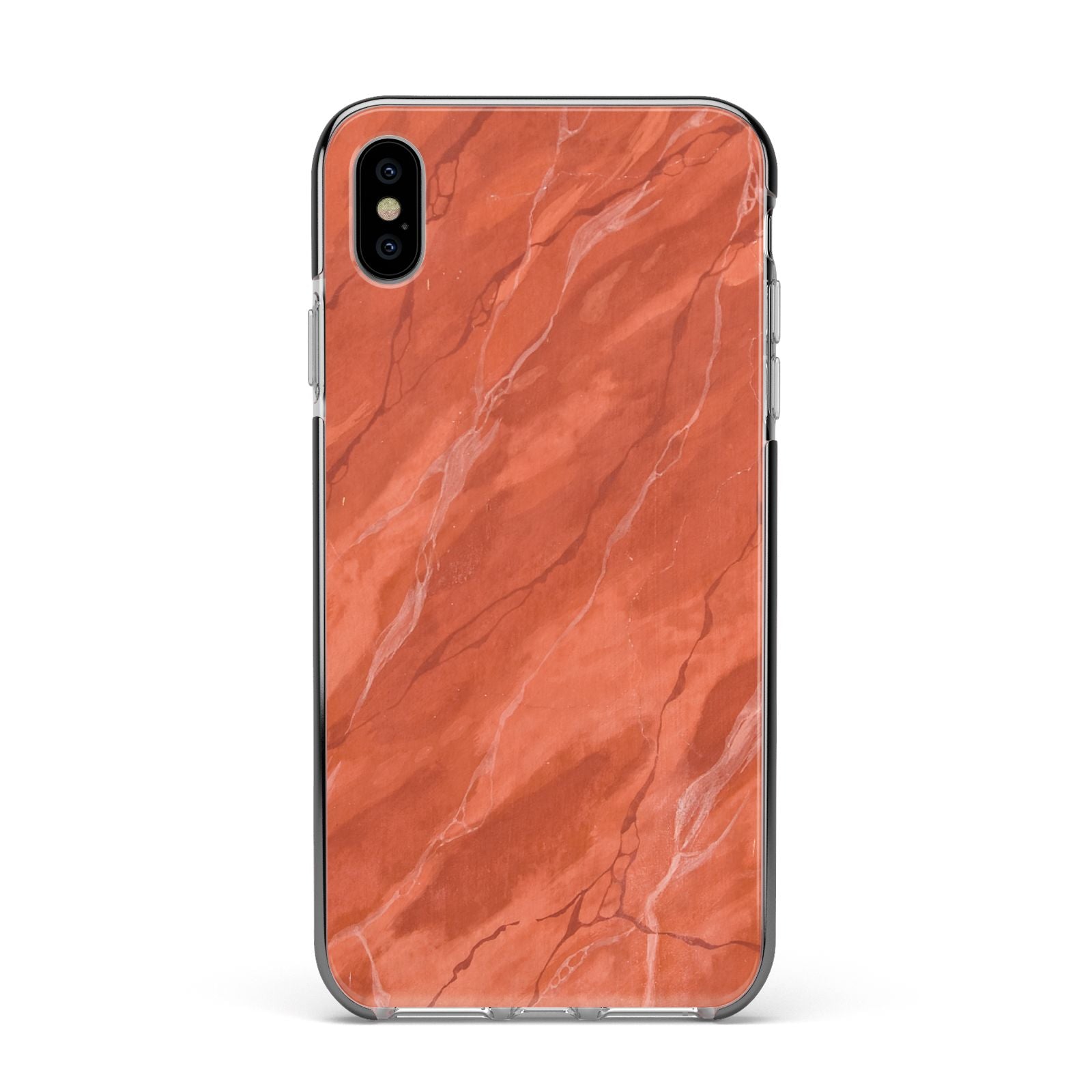 Faux Marble Red Orange Apple iPhone Xs Max Impact Case Black Edge on Silver Phone