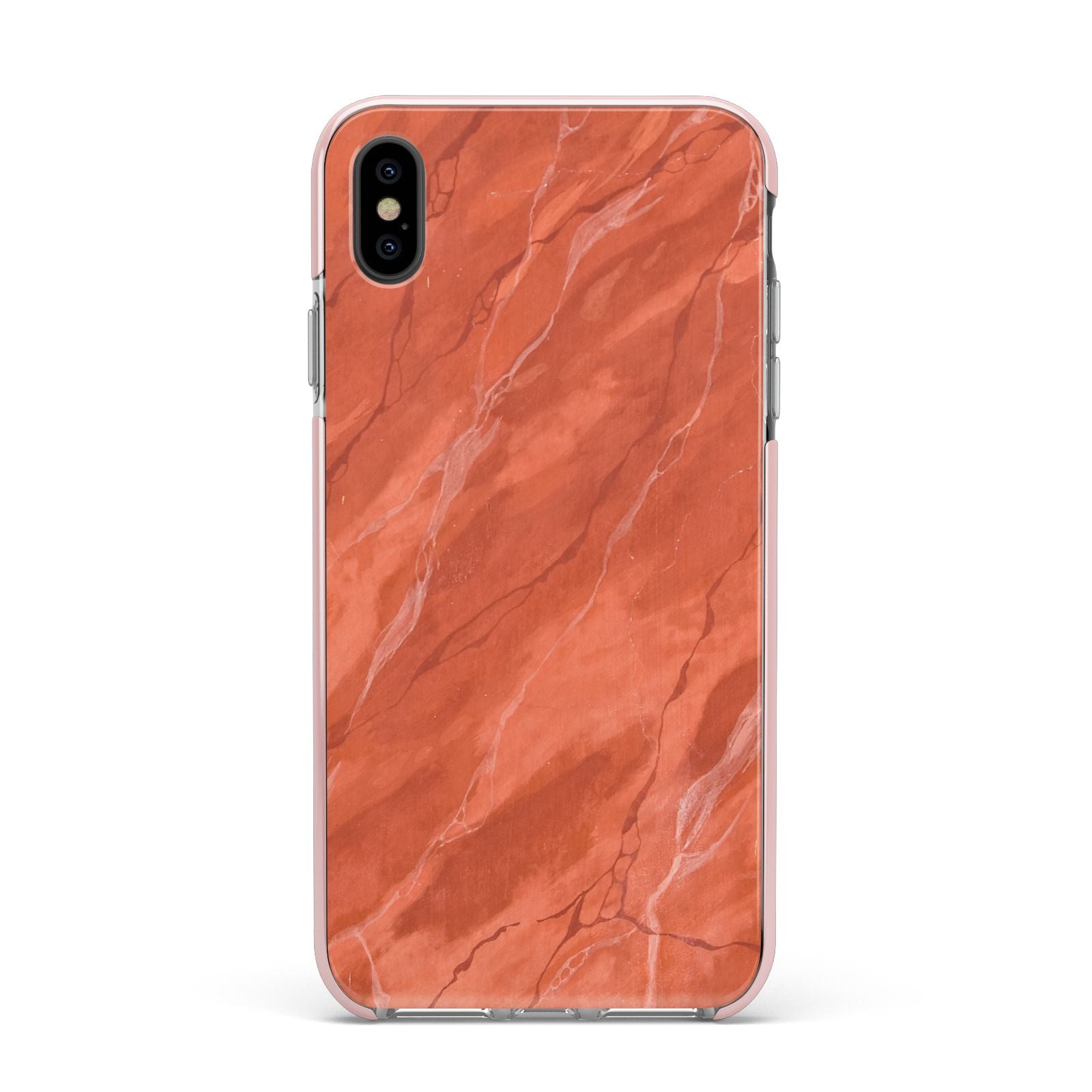 Faux Marble Red Orange Apple iPhone Xs Max Impact Case Pink Edge on Black Phone
