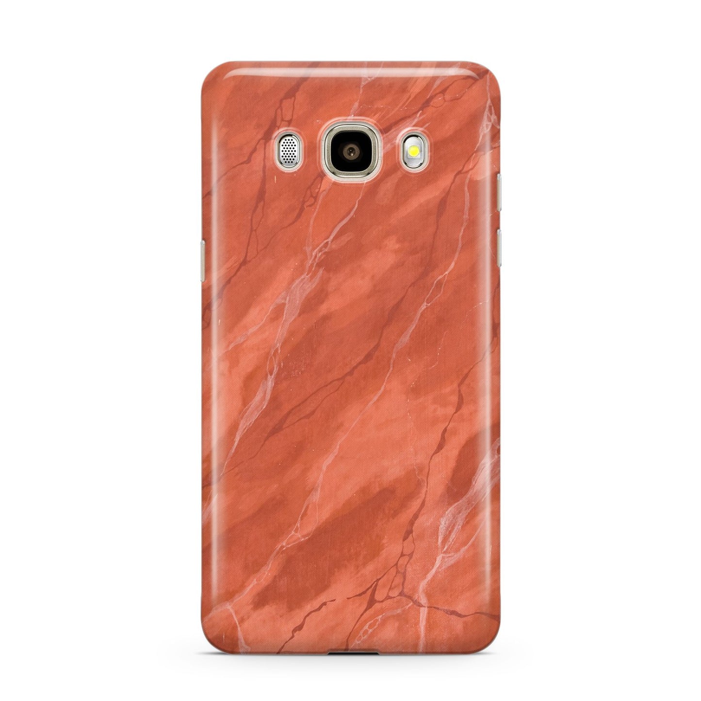 Faux Marble Red Orange Samsung Galaxy J7 2016 Case on gold phone