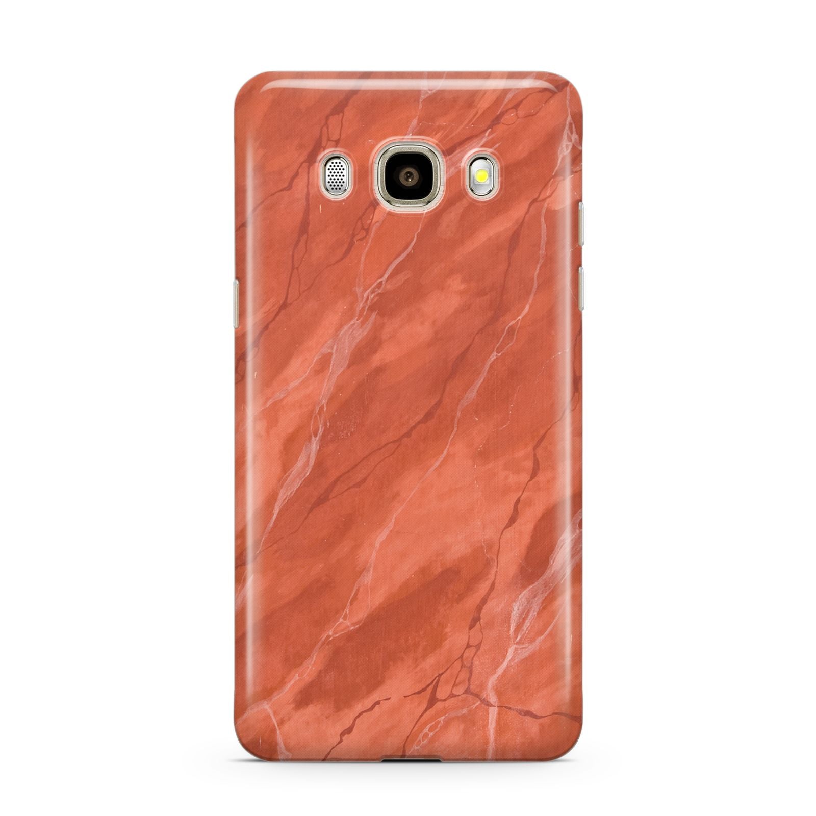 Faux Marble Red Orange Samsung Galaxy J7 2016 Case on gold phone