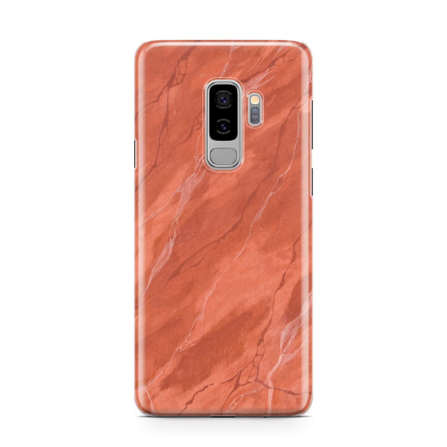Faux Marble Red Orange Samsung Galaxy S9 Plus Case on Silver phone