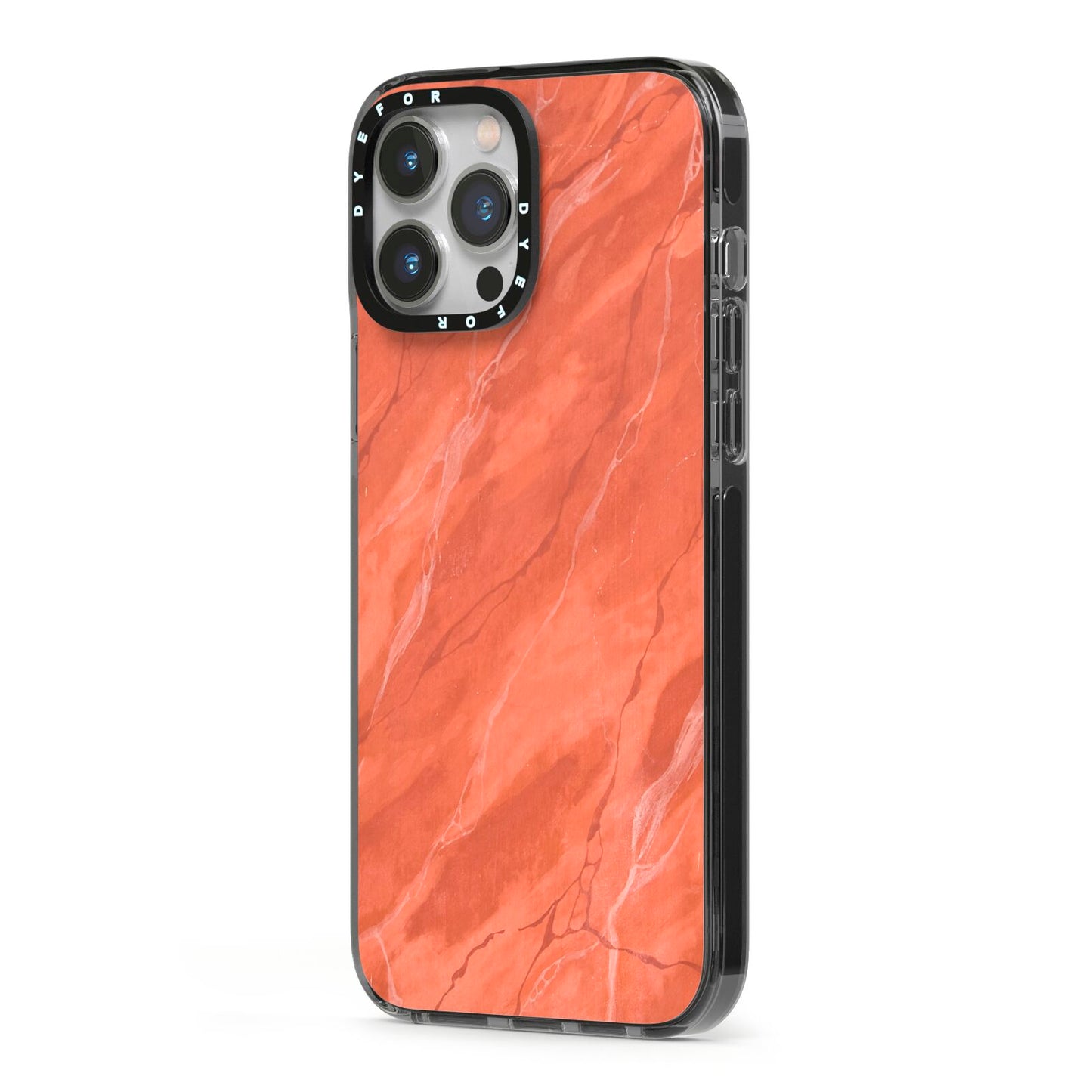 Faux Marble Red Orange iPhone 13 Pro Max Black Impact Case Side Angle on Silver phone