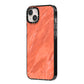 Faux Marble Red Orange iPhone 14 Plus Black Impact Case Side Angle on Silver phone