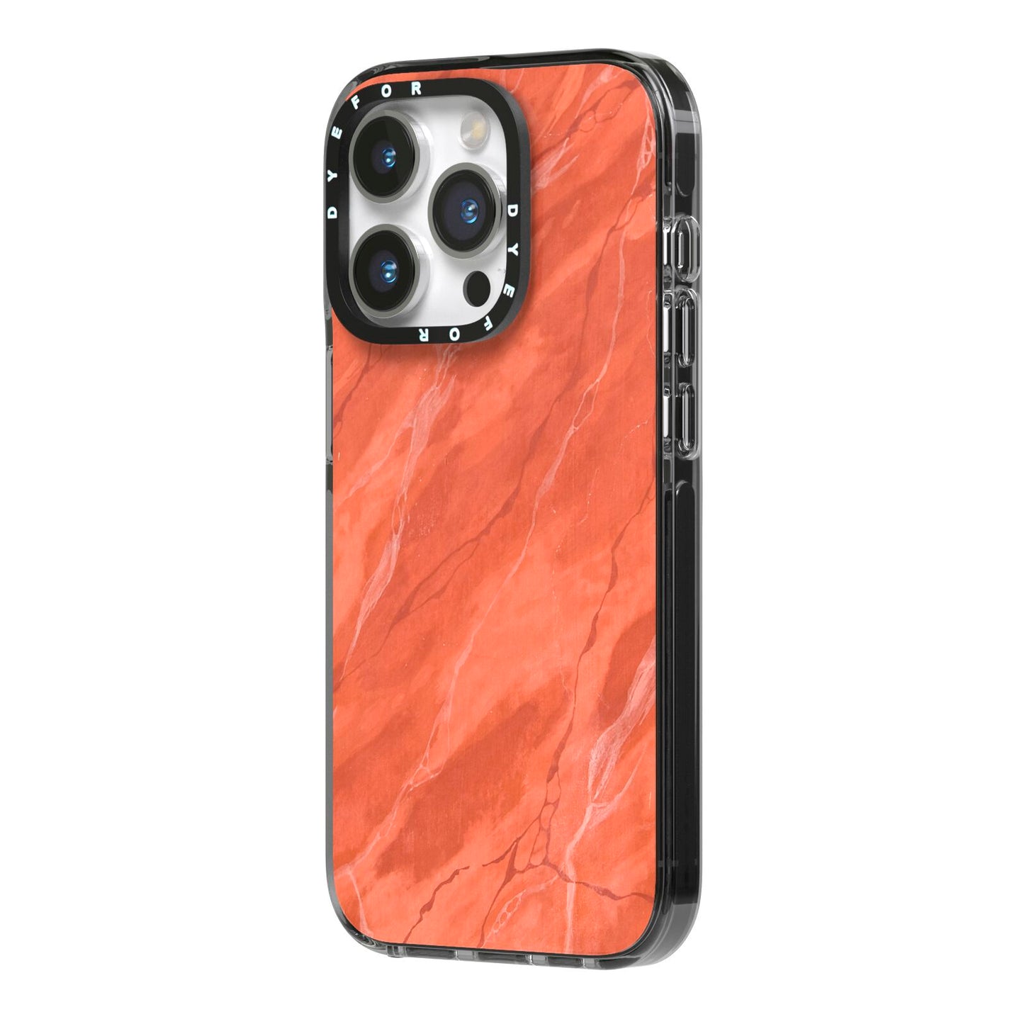 Faux Marble Red Orange iPhone 14 Pro Black Impact Case Side Angle on Silver phone
