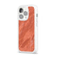 Faux Marble Red Orange iPhone 14 Pro Clear Tough Case Silver Angled Image