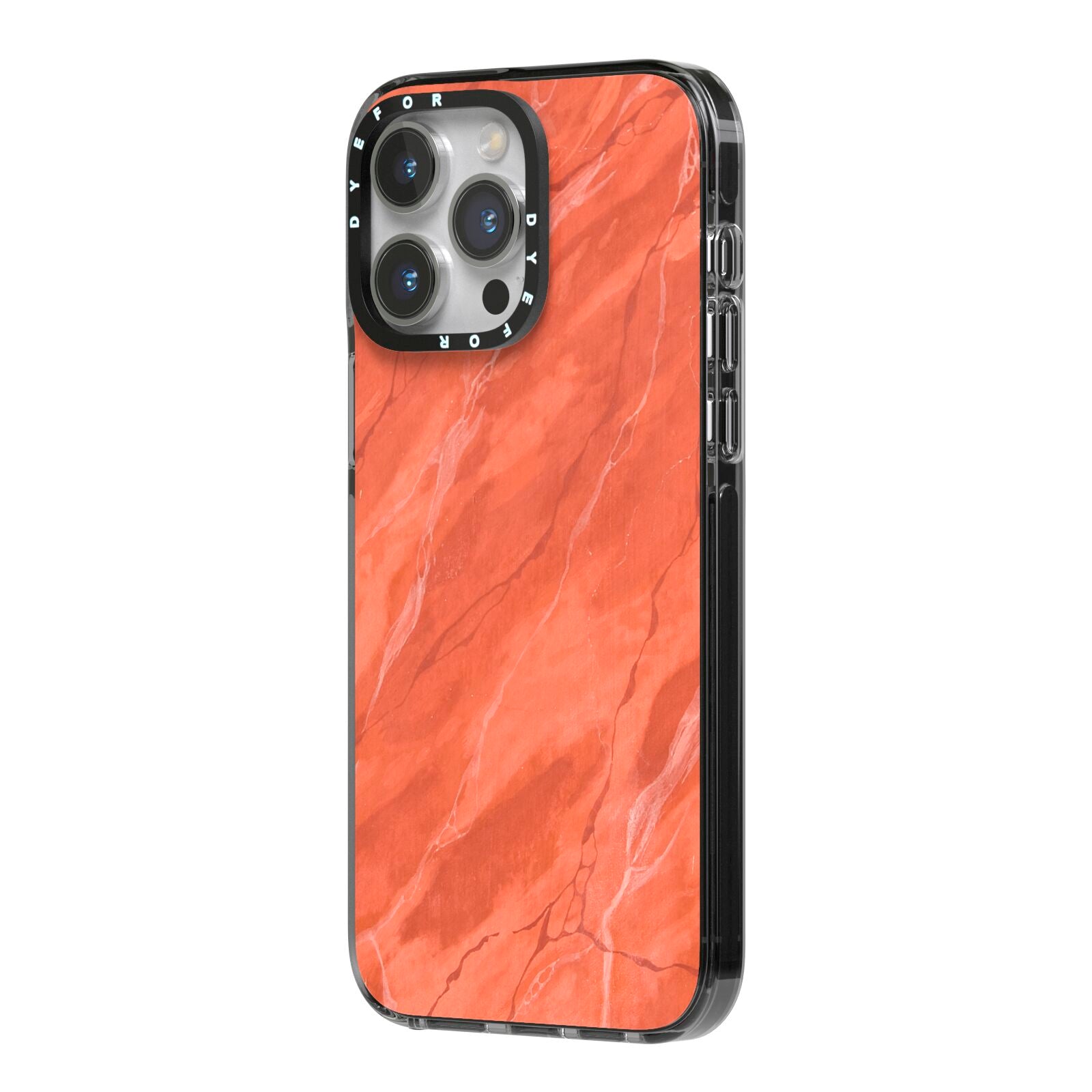 Faux Marble Red Orange iPhone 14 Pro Max Black Impact Case Side Angle on Silver phone