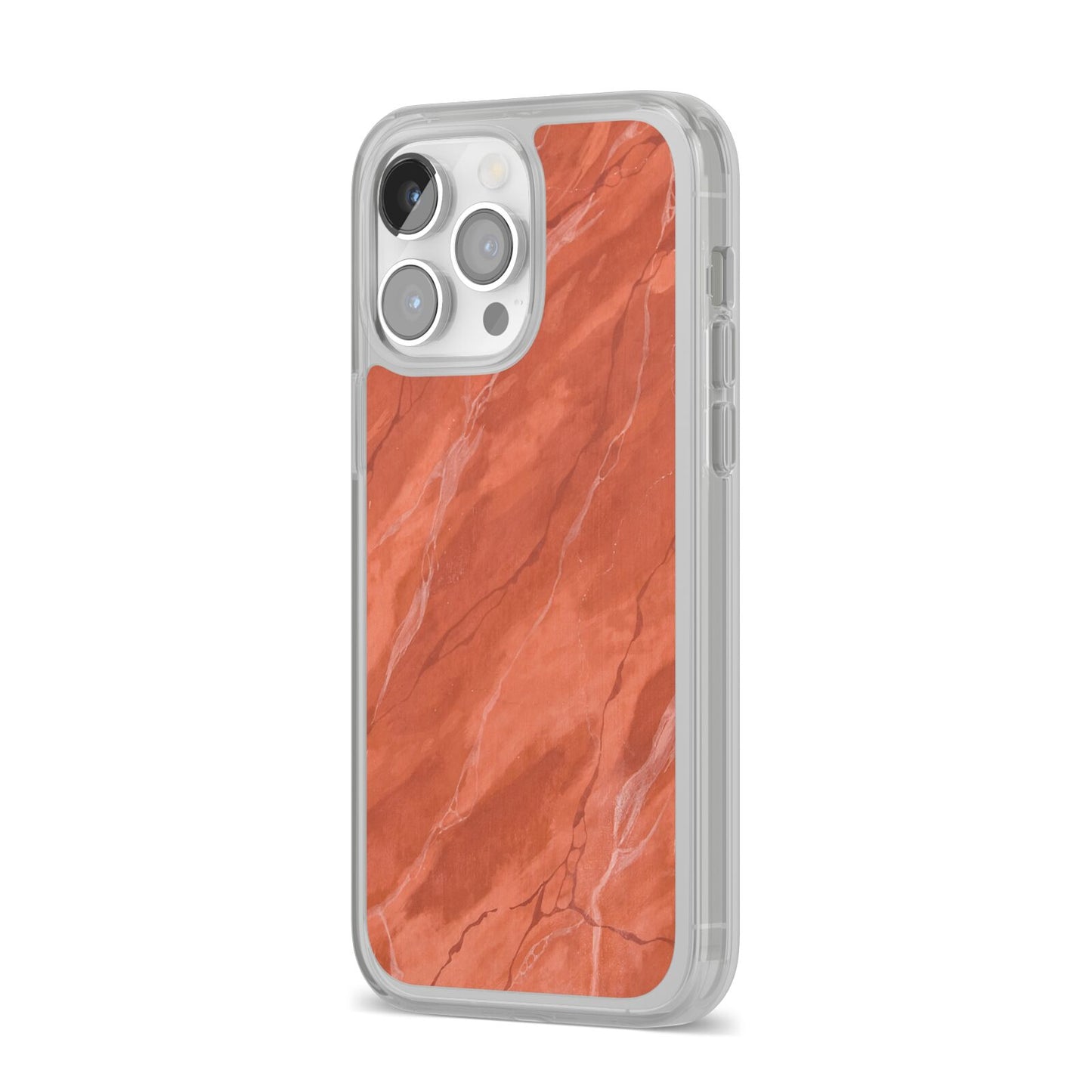 Faux Marble Red Orange iPhone 14 Pro Max Clear Tough Case Silver Angled Image