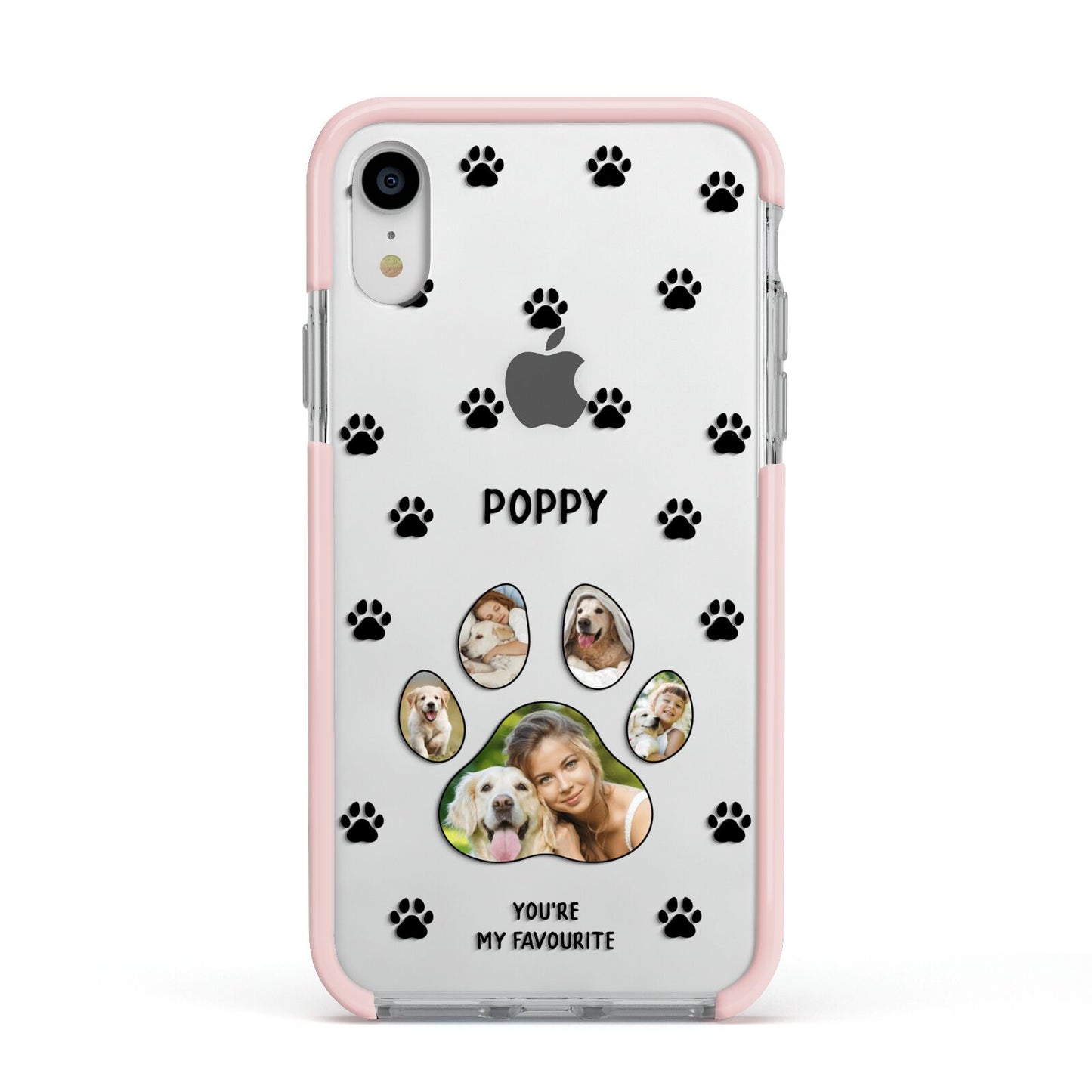 Favourite Dog Photos Personalised Apple iPhone XR Impact Case Pink Edge on Silver Phone