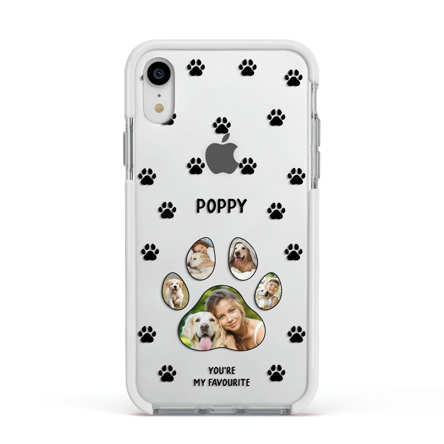 Favourite Dog Photos Personalised Apple iPhone XR Impact Case White Edge on Silver Phone
