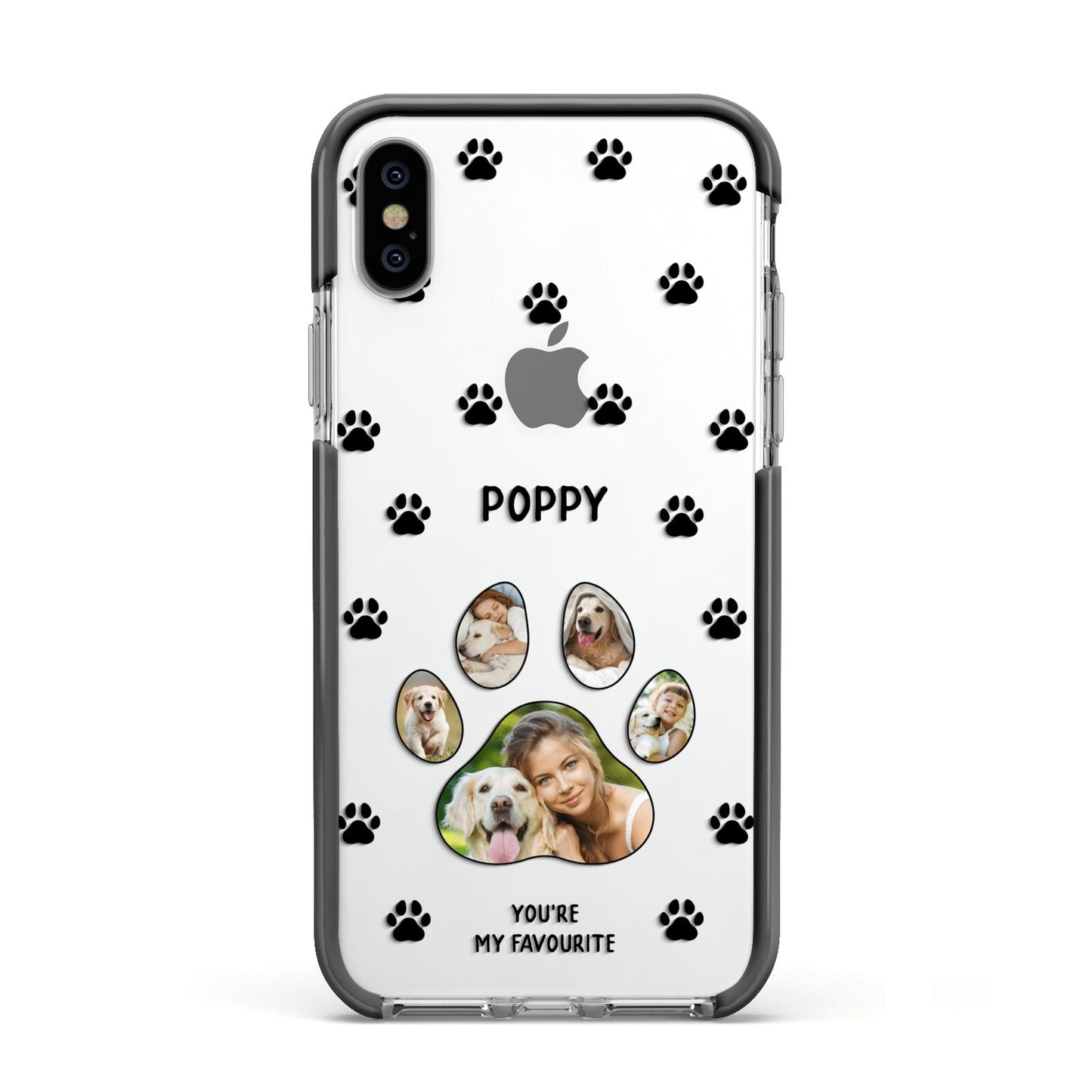 Favourite Dog Photos Personalised Apple iPhone Xs Impact Case Black Edge on Silver Phone