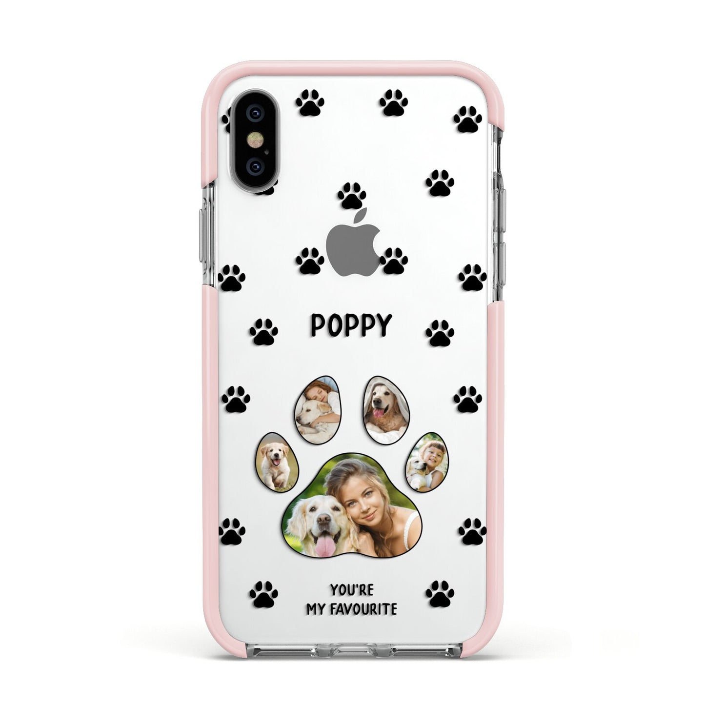 Favourite Dog Photos Personalised Apple iPhone Xs Impact Case Pink Edge on Silver Phone