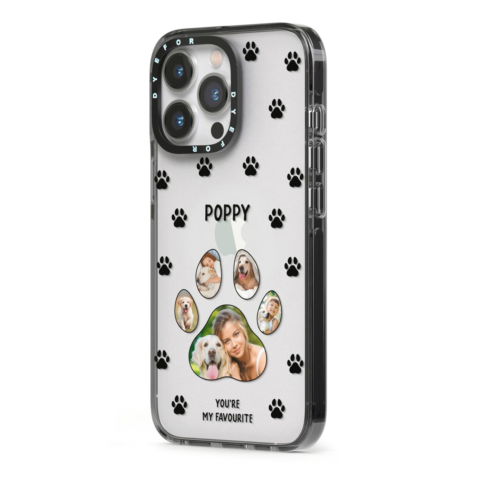 Favourite Dog Photos Personalised iPhone 13 Pro Black Impact Case Side Angle on Silver phone