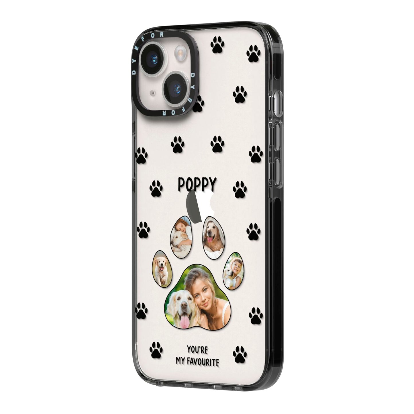Favourite Dog Photos Personalised iPhone 14 Black Impact Case Side Angle on Silver phone