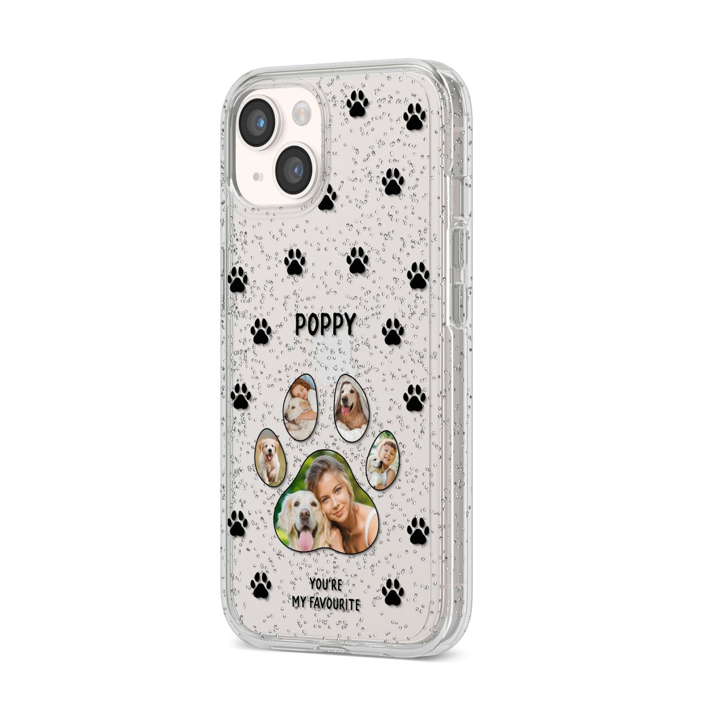 Favourite Dog Photos Personalised iPhone 14 Glitter Tough Case Starlight Angled Image