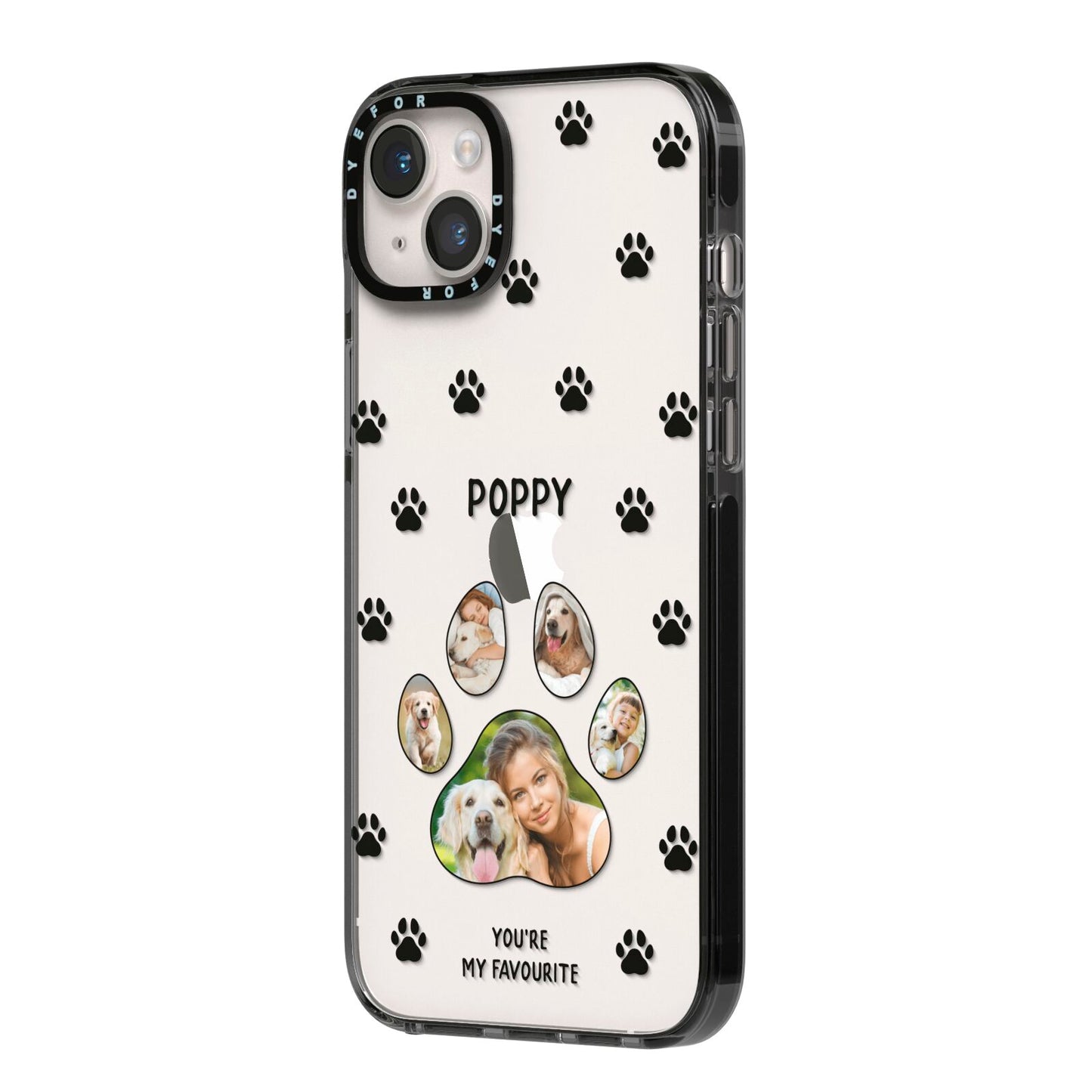 Favourite Dog Photos Personalised iPhone 14 Plus Black Impact Case Side Angle on Silver phone
