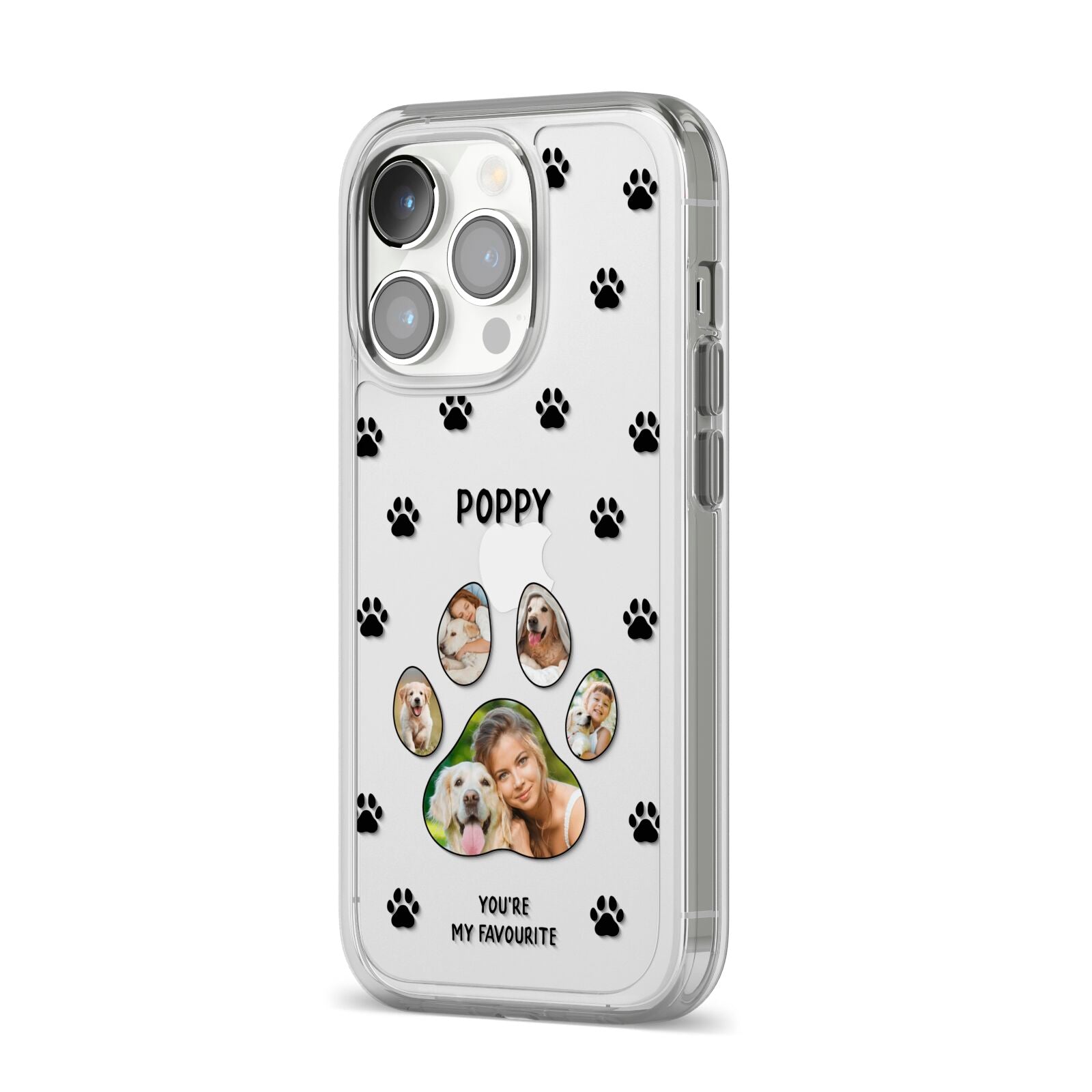 Favourite Dog Photos Personalised iPhone 14 Pro Clear Tough Case Silver Angled Image