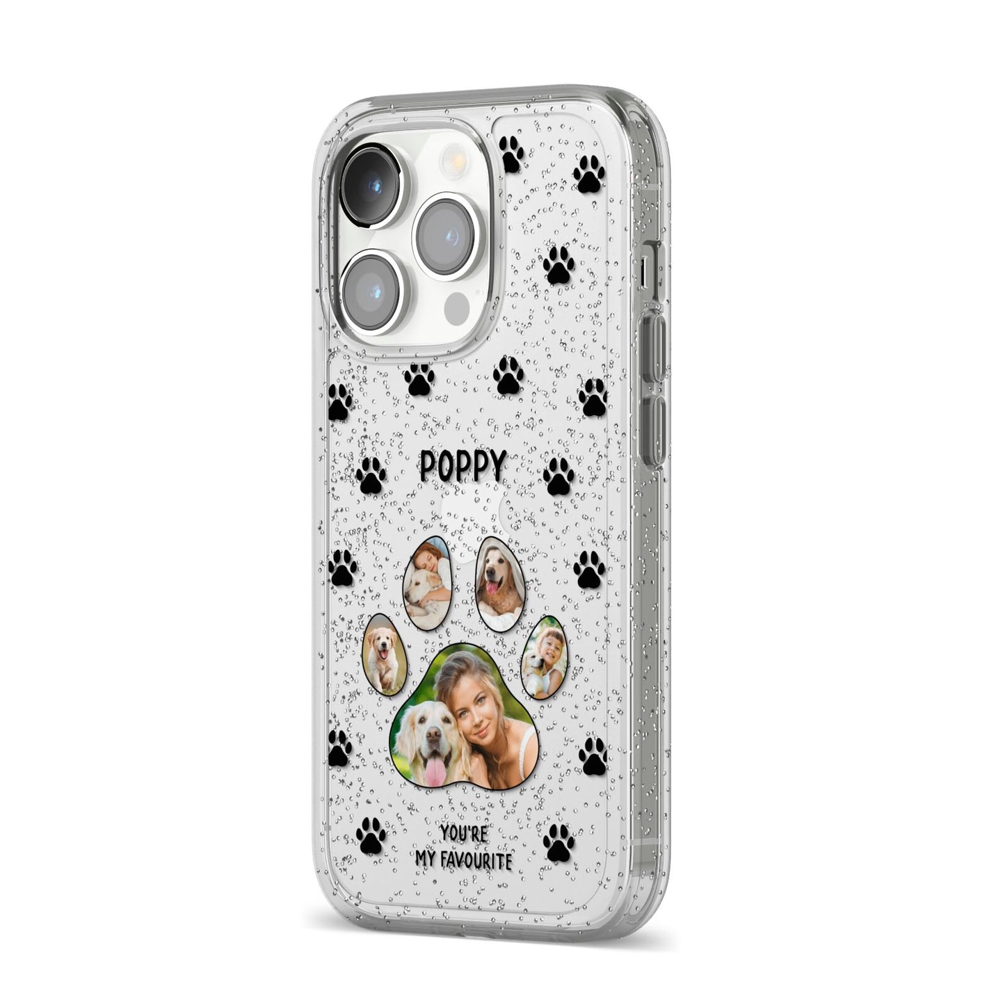 Favourite Dog Photos Personalised iPhone 14 Pro Glitter Tough Case Silver Angled Image