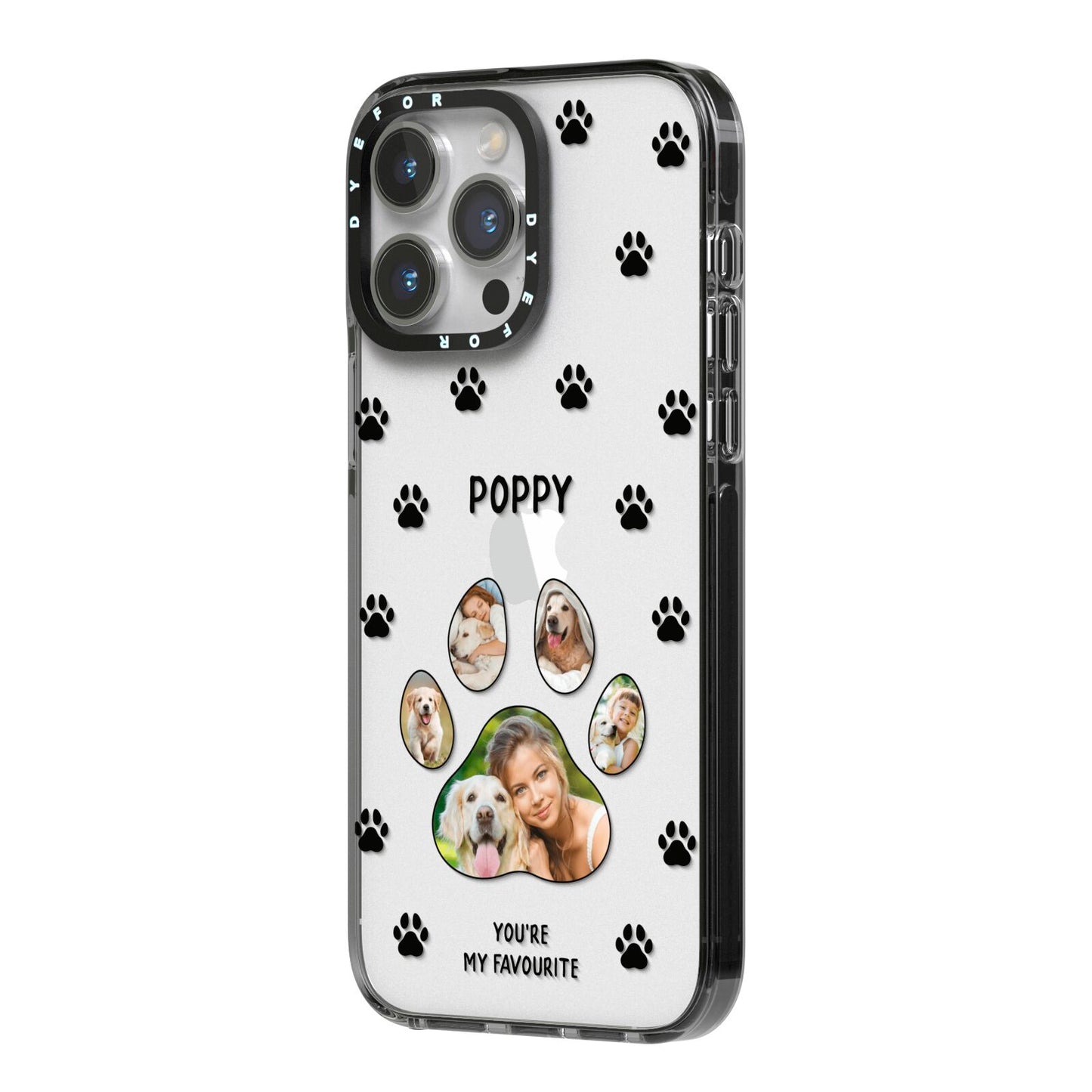 Favourite Dog Photos Personalised iPhone 14 Pro Max Black Impact Case Side Angle on Silver phone