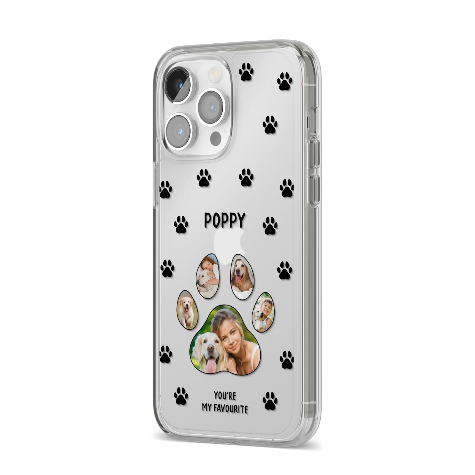 Favourite Dog Photos Personalised iPhone 14 Pro Max Clear Tough Case Silver Angled Image