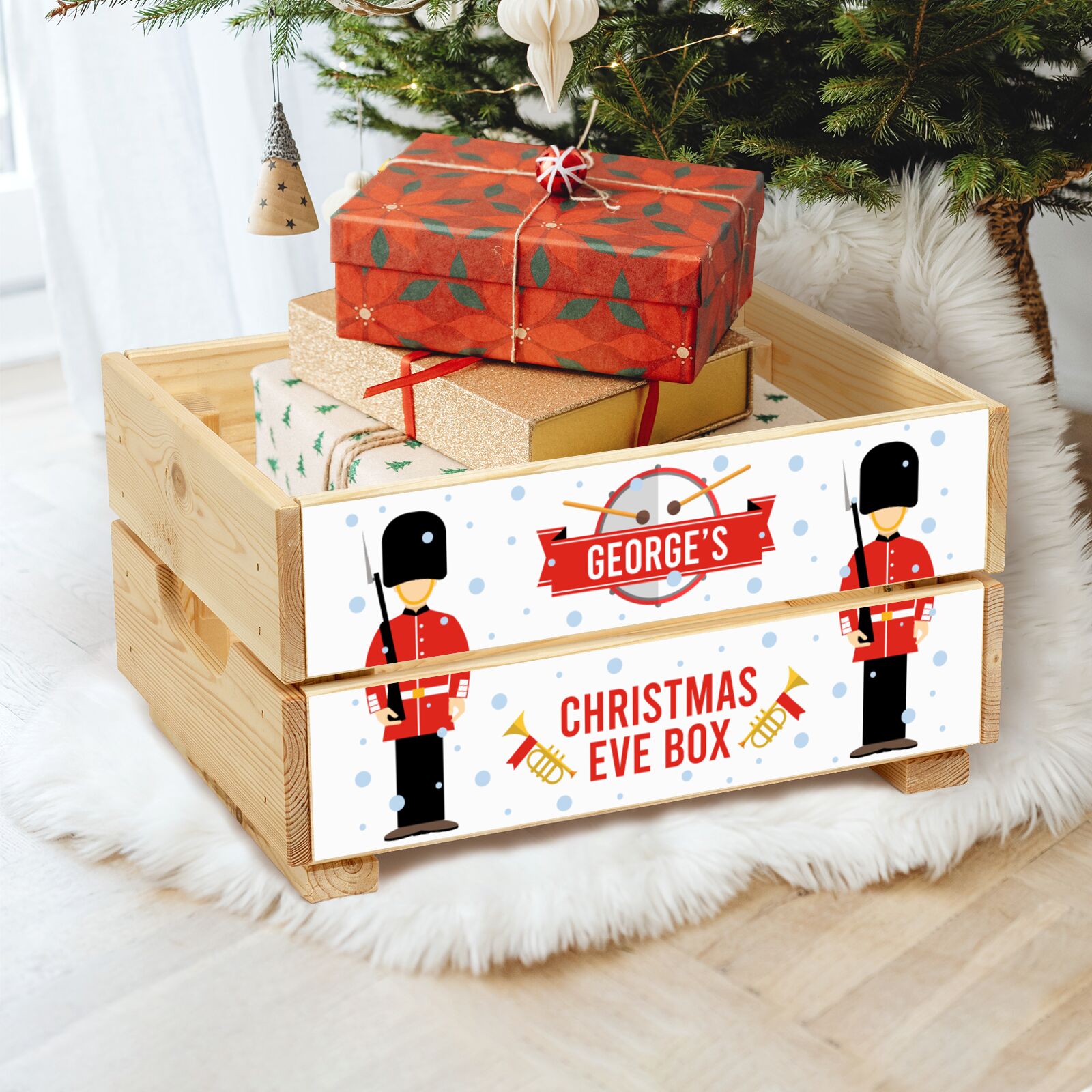 Festive British Guards with Name Christmas Eve Crate Box in Cosy room