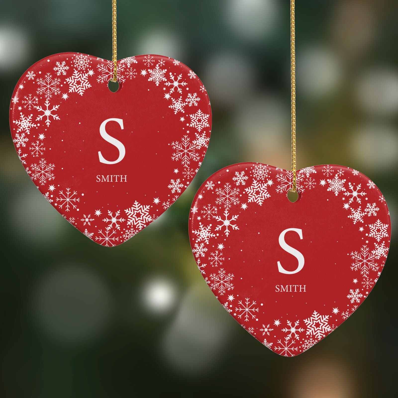 Festive Monogram Personalised Heart Decoration on Christmas Background