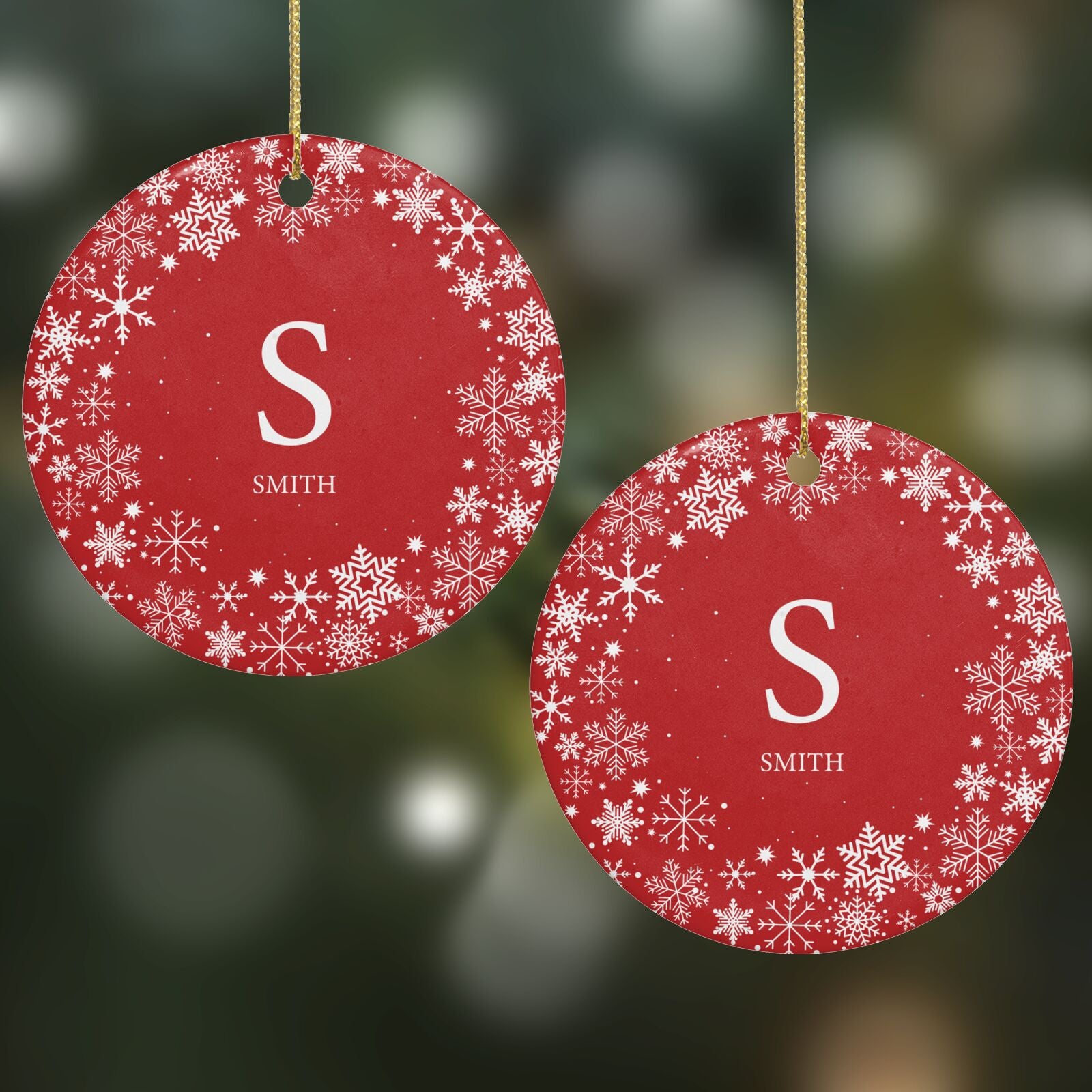 Festive Monogram Personalised Round Decoration on Christmas Background