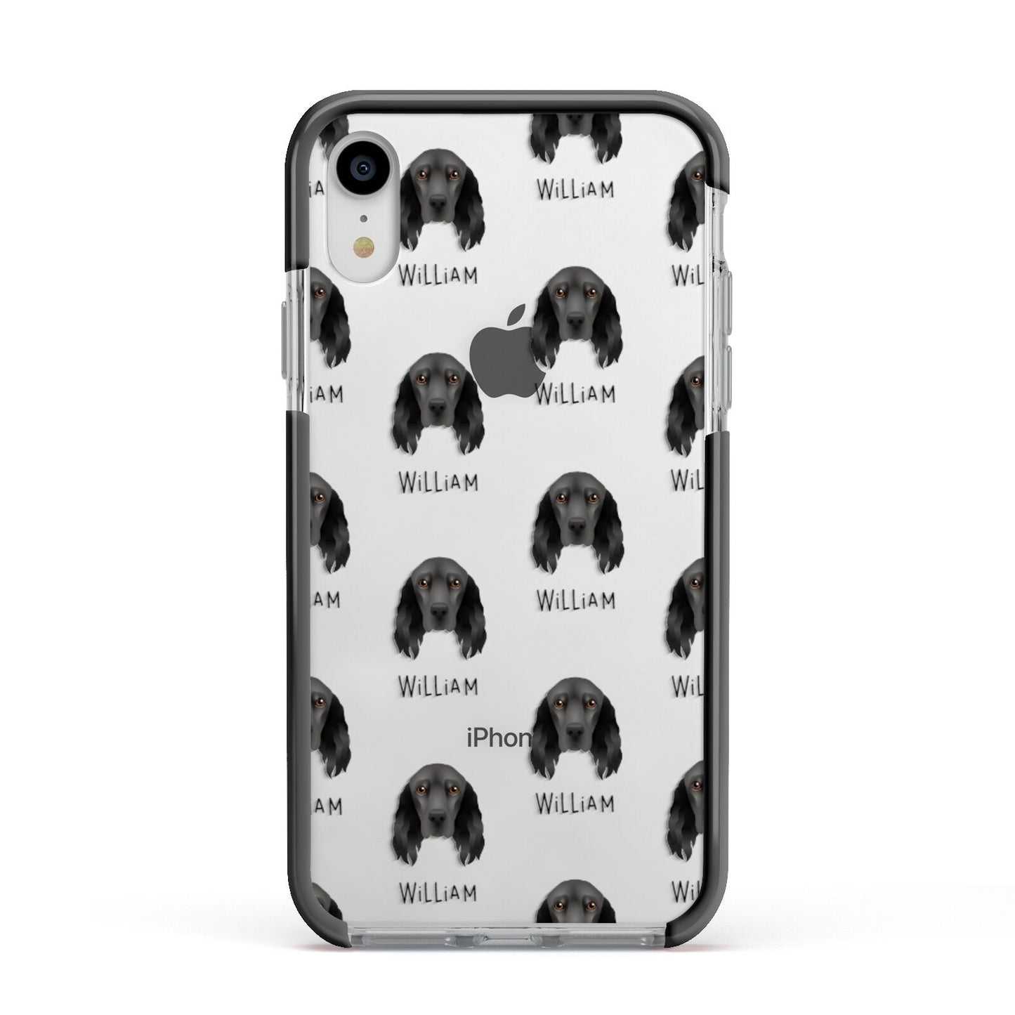Field Spaniel Icon with Name Apple iPhone XR Impact Case Black Edge on Silver Phone