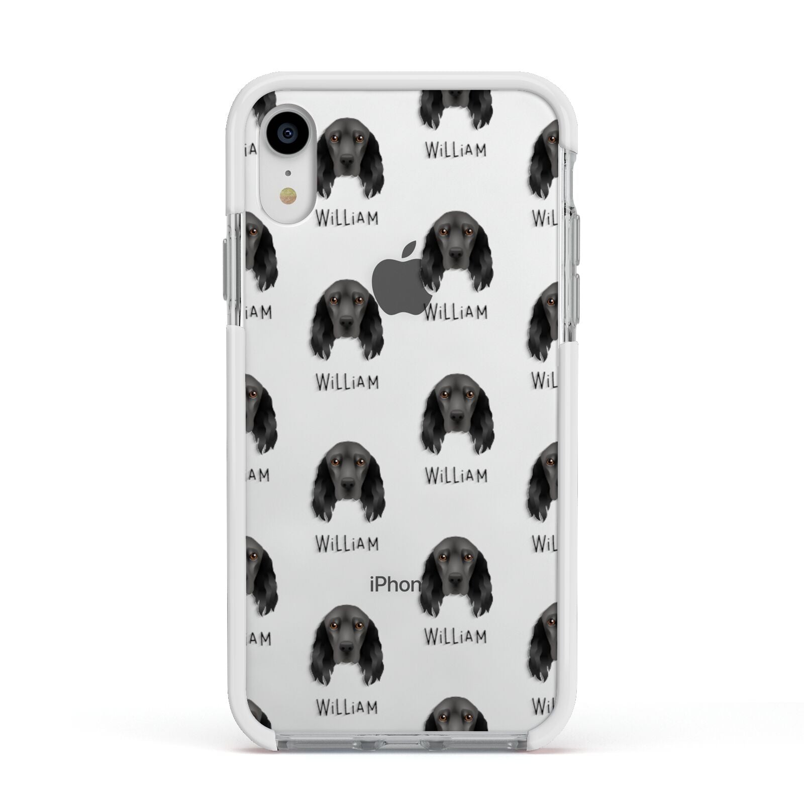 Field Spaniel Icon with Name Apple iPhone XR Impact Case White Edge on Silver Phone