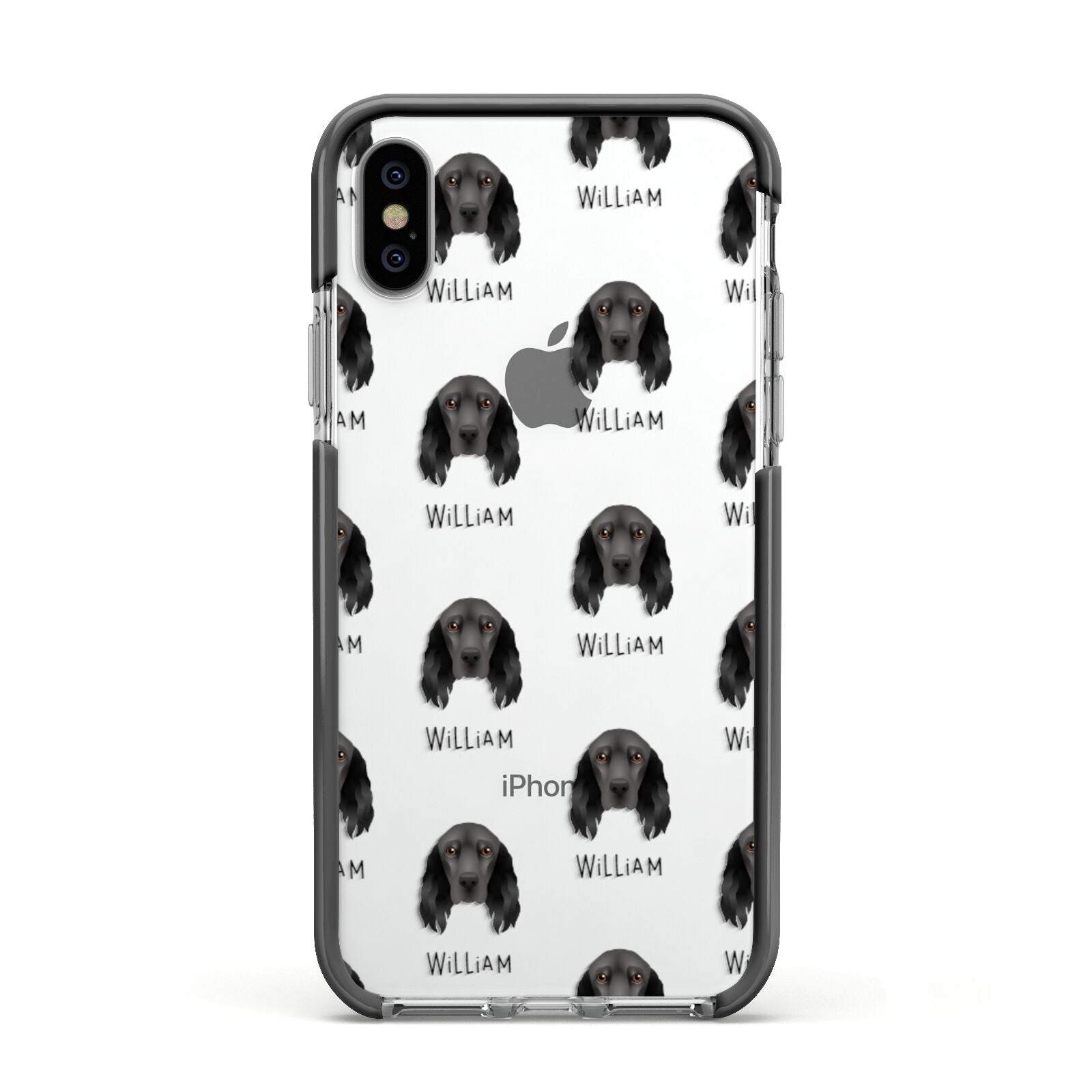 Field Spaniel Icon with Name Apple iPhone Xs Impact Case Black Edge on Silver Phone