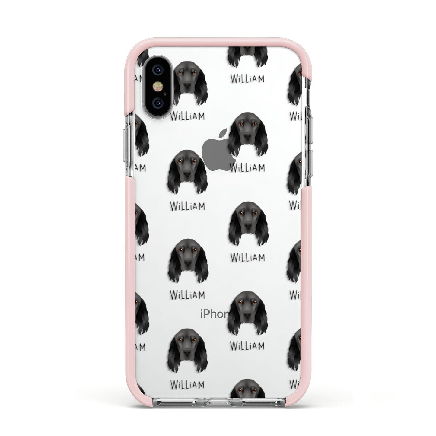 Field Spaniel Icon with Name Apple iPhone Xs Impact Case Pink Edge on Silver Phone