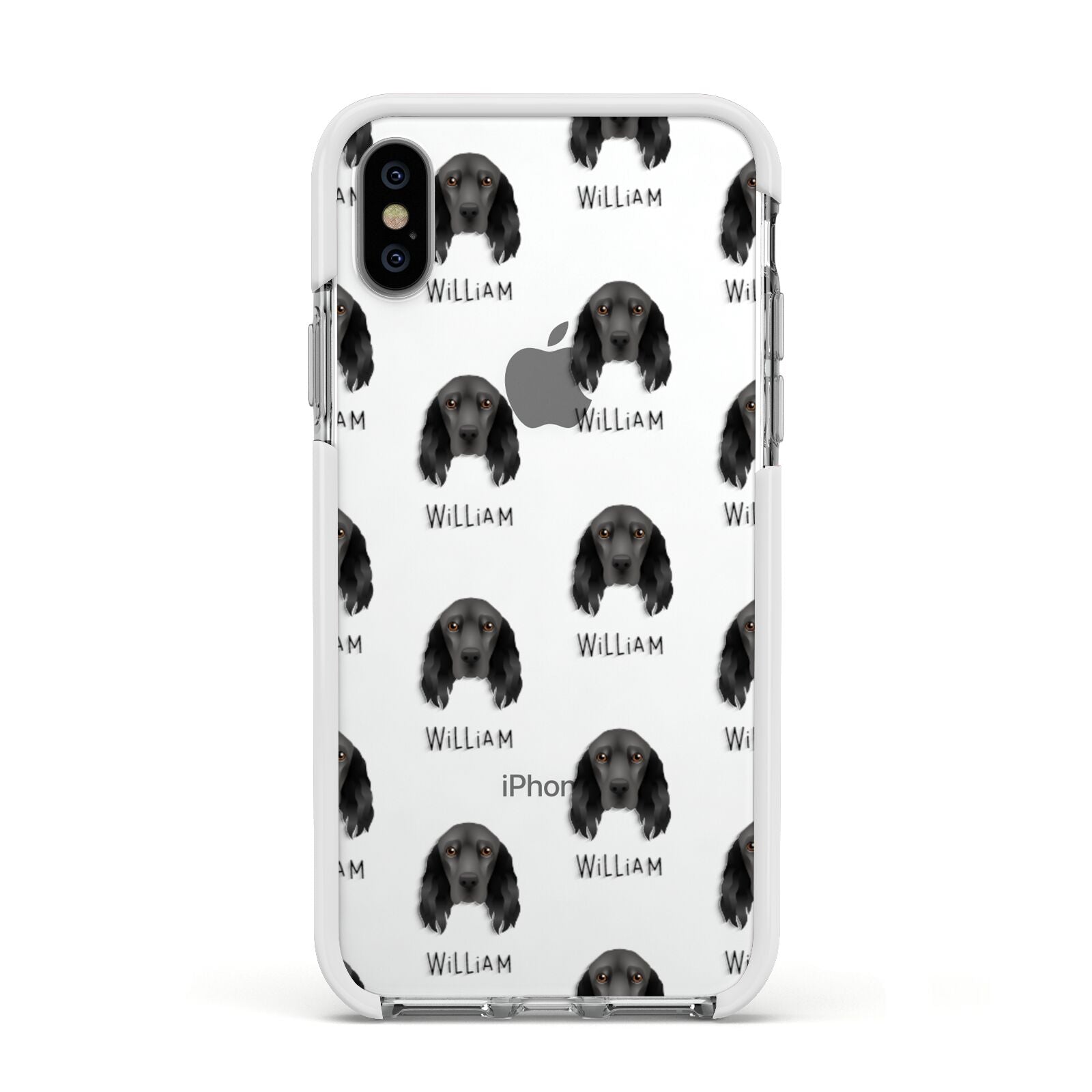 Field Spaniel Icon with Name Apple iPhone Xs Impact Case White Edge on Silver Phone