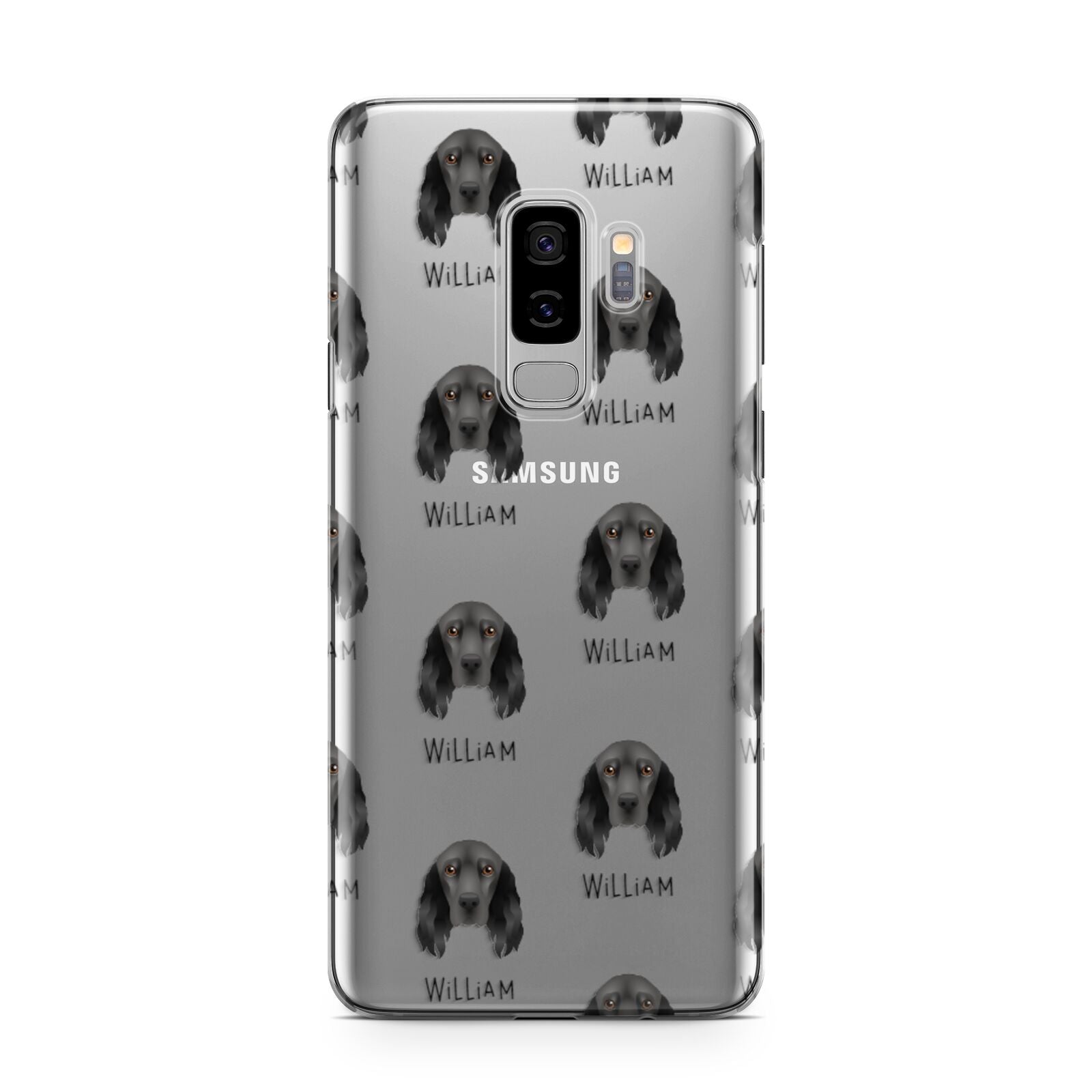 Field Spaniel Icon with Name Samsung Galaxy S9 Plus Case on Silver phone