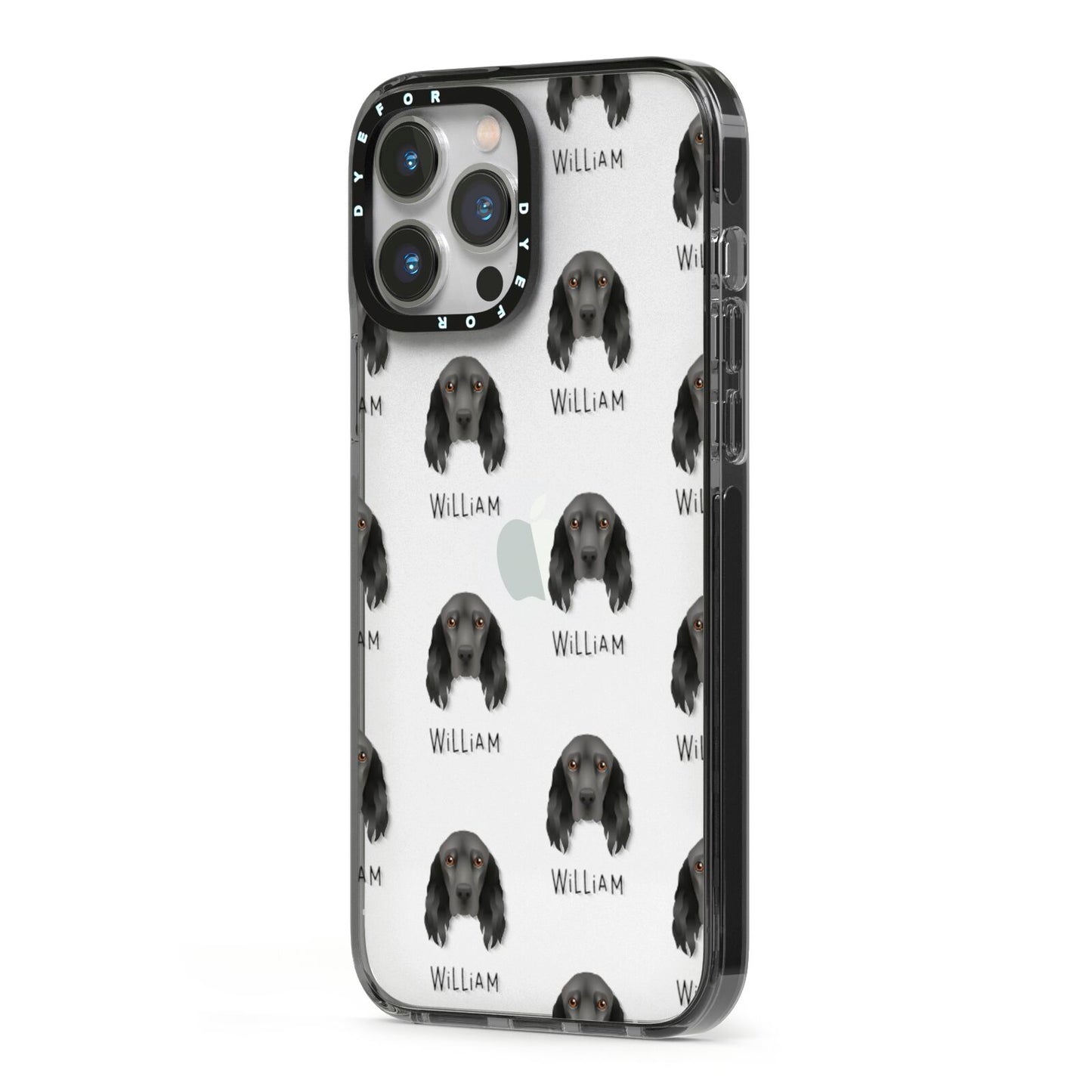 Field Spaniel Icon with Name iPhone 13 Pro Max Black Impact Case Side Angle on Silver phone