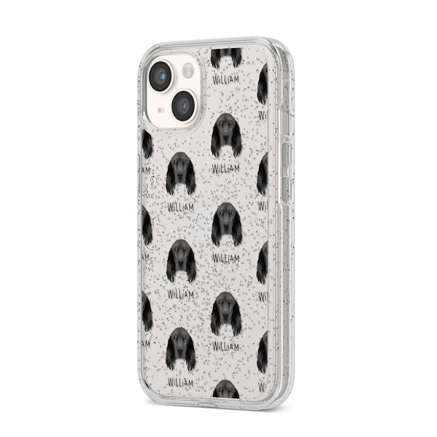 Field Spaniel Icon with Name iPhone 14 Glitter Tough Case Starlight Angled Image