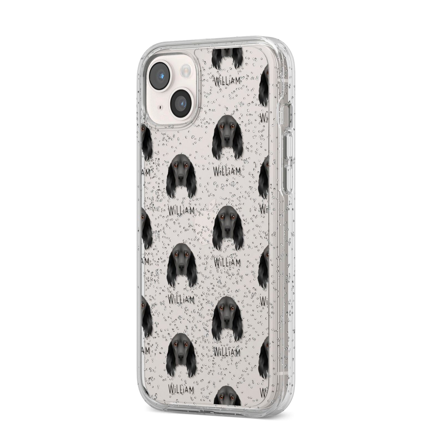 Field Spaniel Icon with Name iPhone 14 Plus Glitter Tough Case Starlight Angled Image