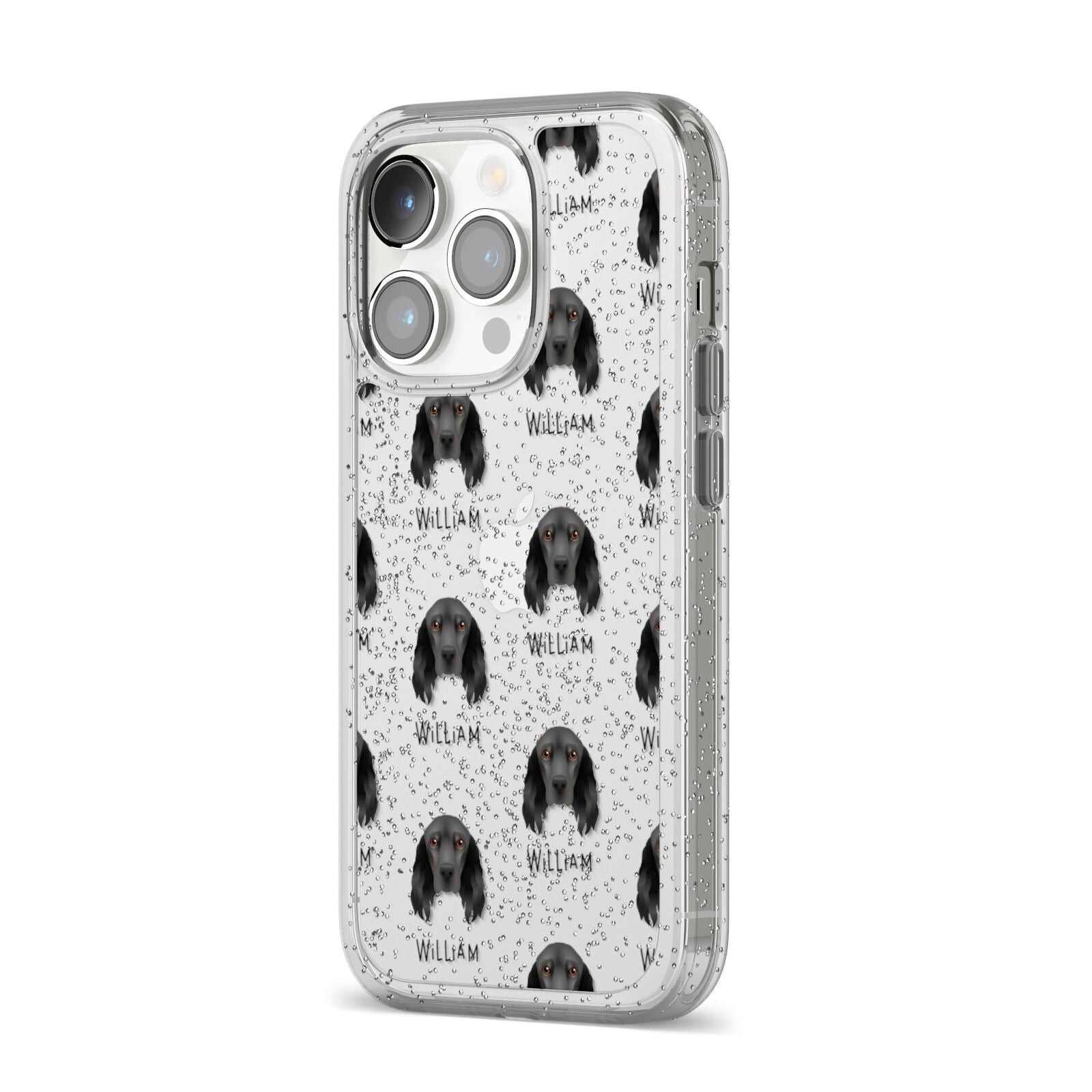 Field Spaniel Icon with Name iPhone 14 Pro Glitter Tough Case Silver Angled Image