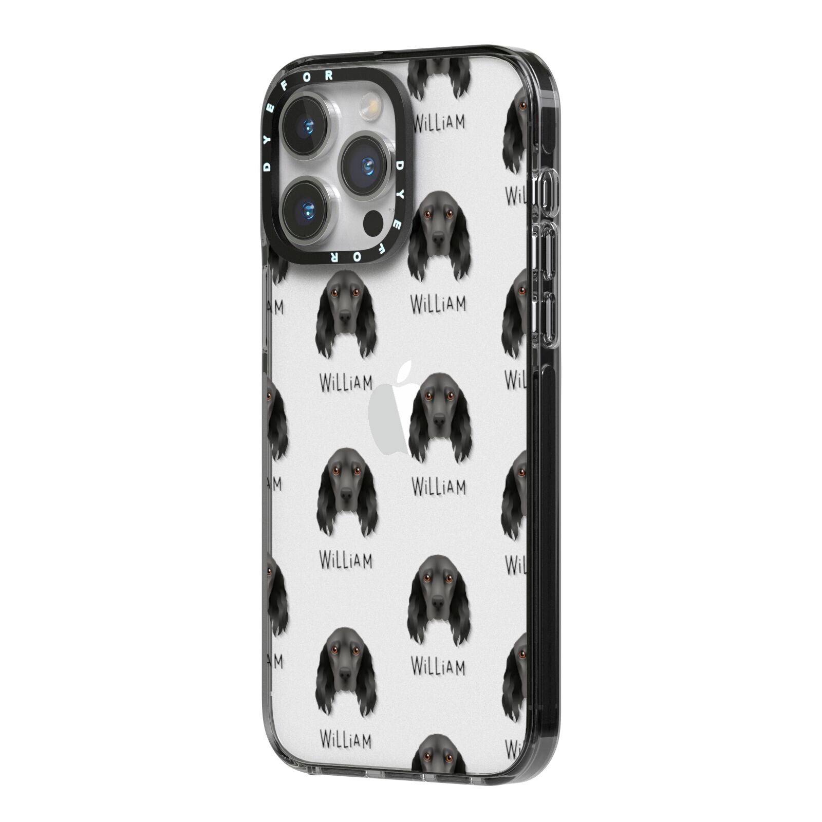 Field Spaniel Icon with Name iPhone 14 Pro Max Black Impact Case Side Angle on Silver phone