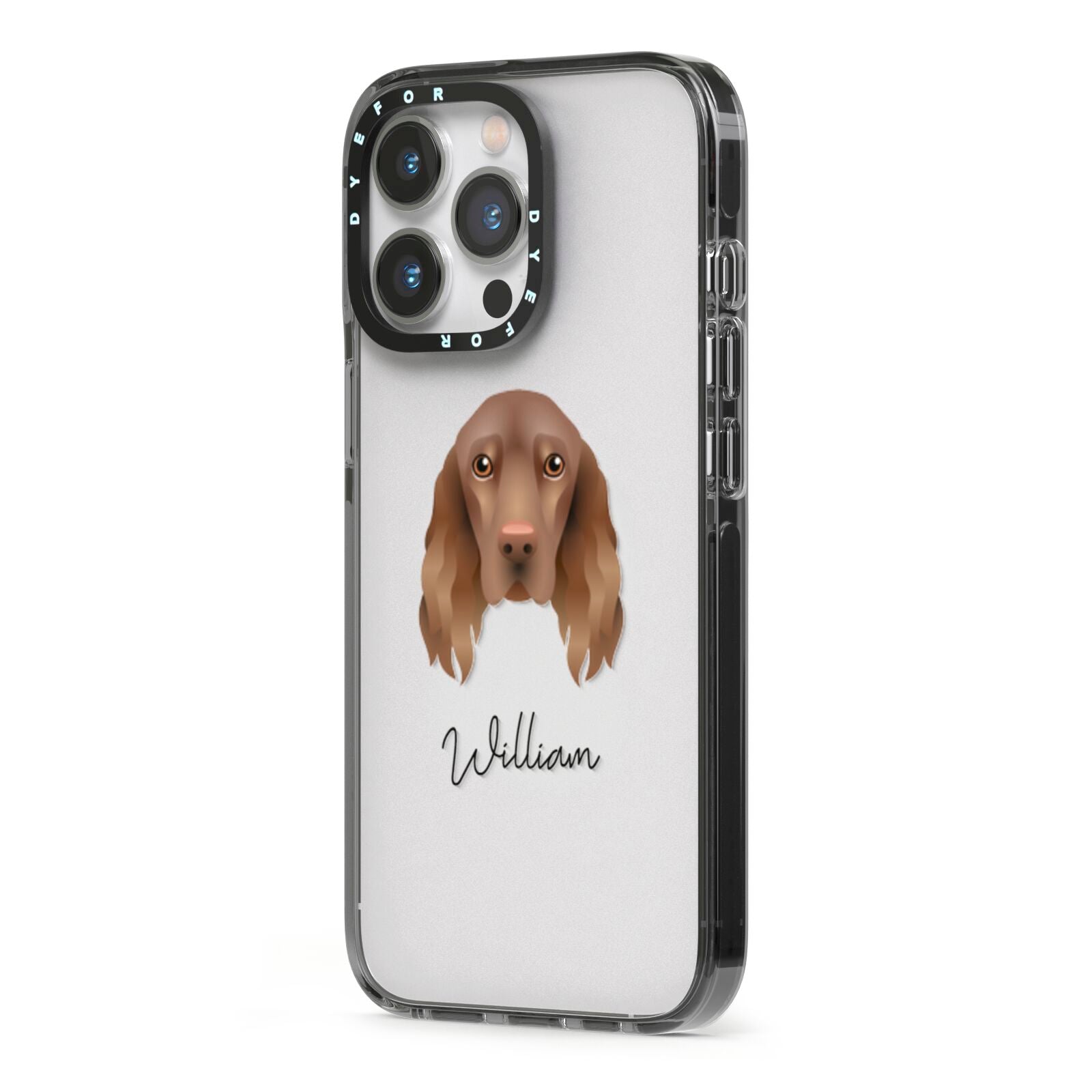 Field Spaniel Personalised iPhone 13 Pro Black Impact Case Side Angle on Silver phone
