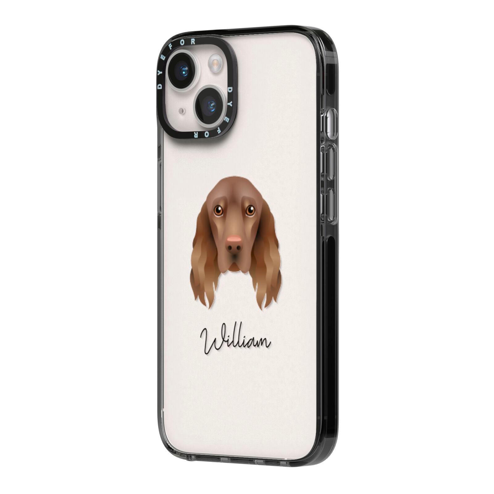 Field Spaniel Personalised iPhone 14 Black Impact Case Side Angle on Silver phone
