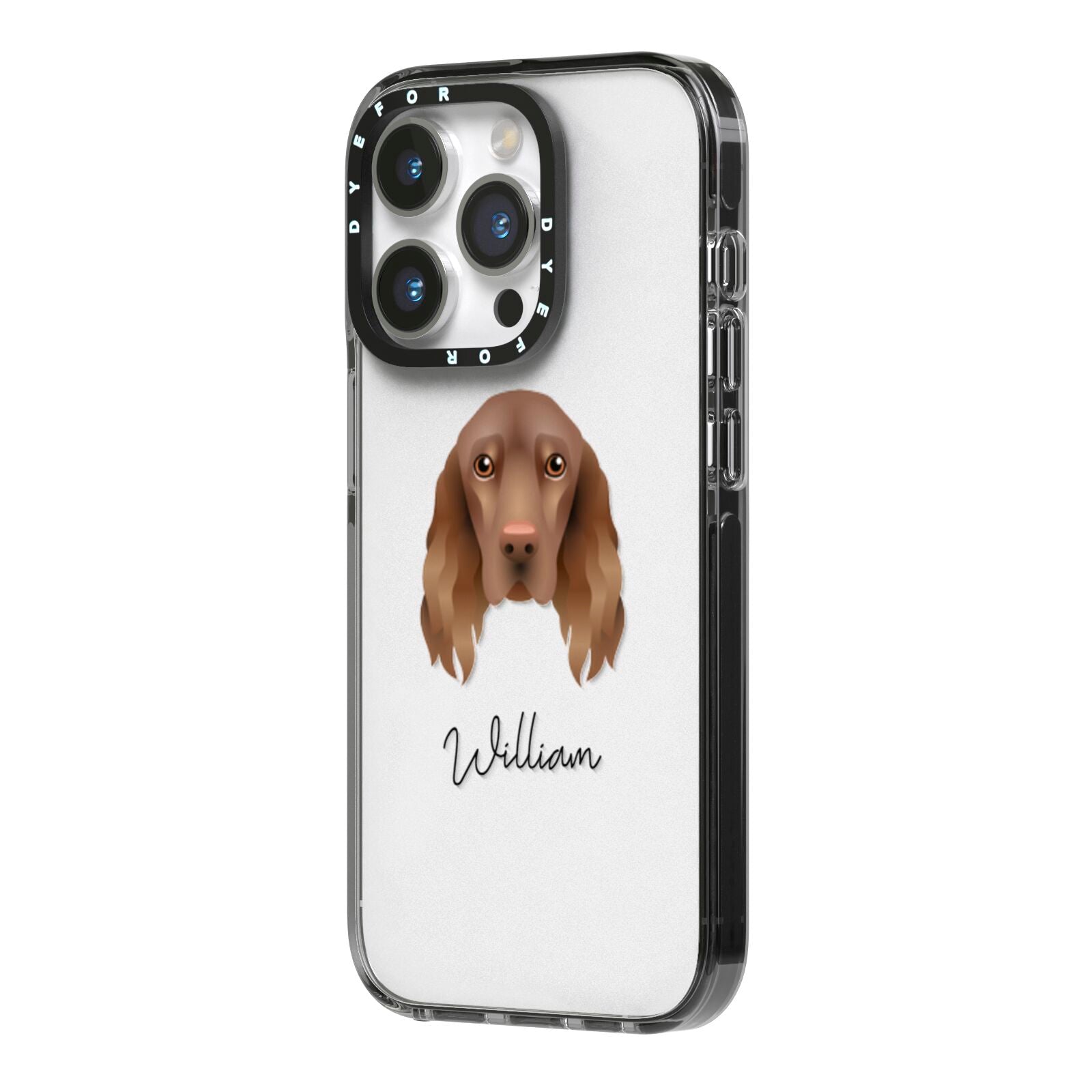 Field Spaniel Personalised iPhone 14 Pro Black Impact Case Side Angle on Silver phone