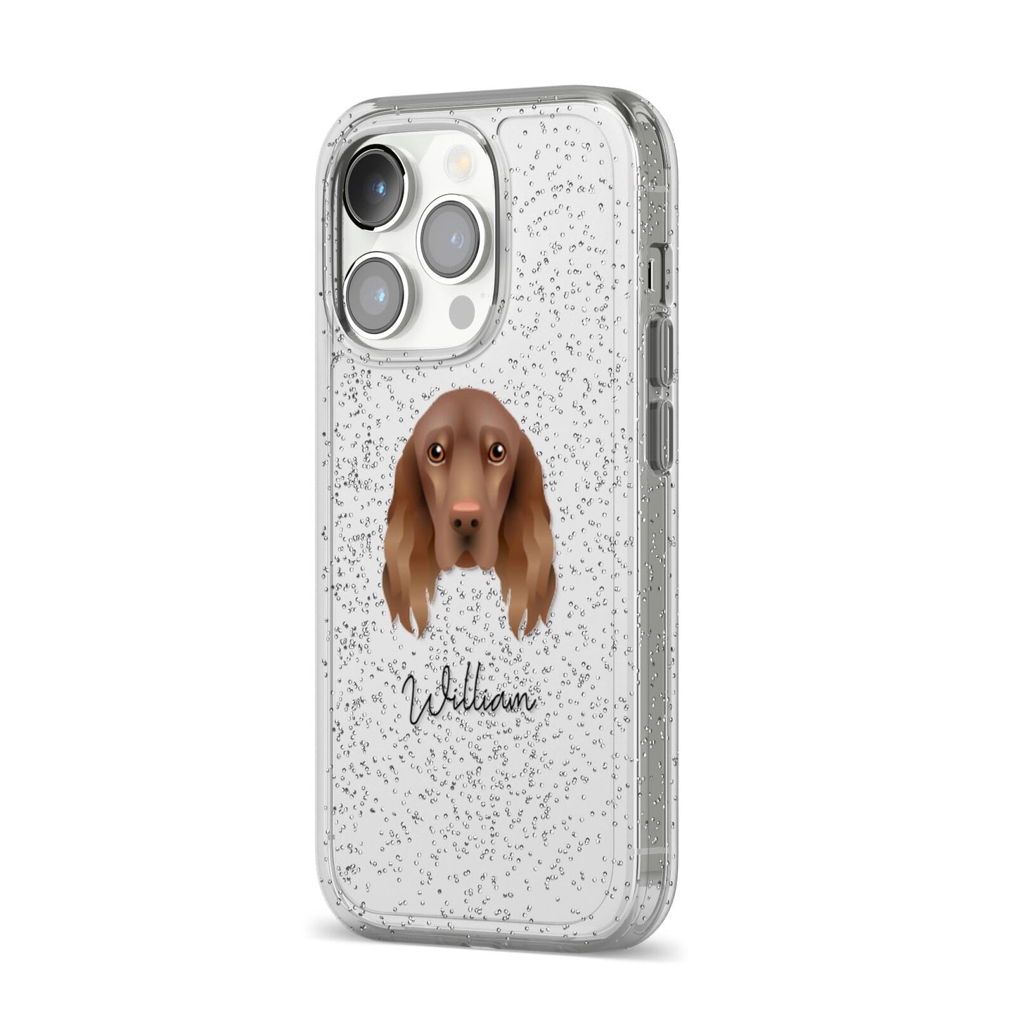 Field Spaniel Personalised iPhone 14 Pro Glitter Tough Case Silver Angled Image