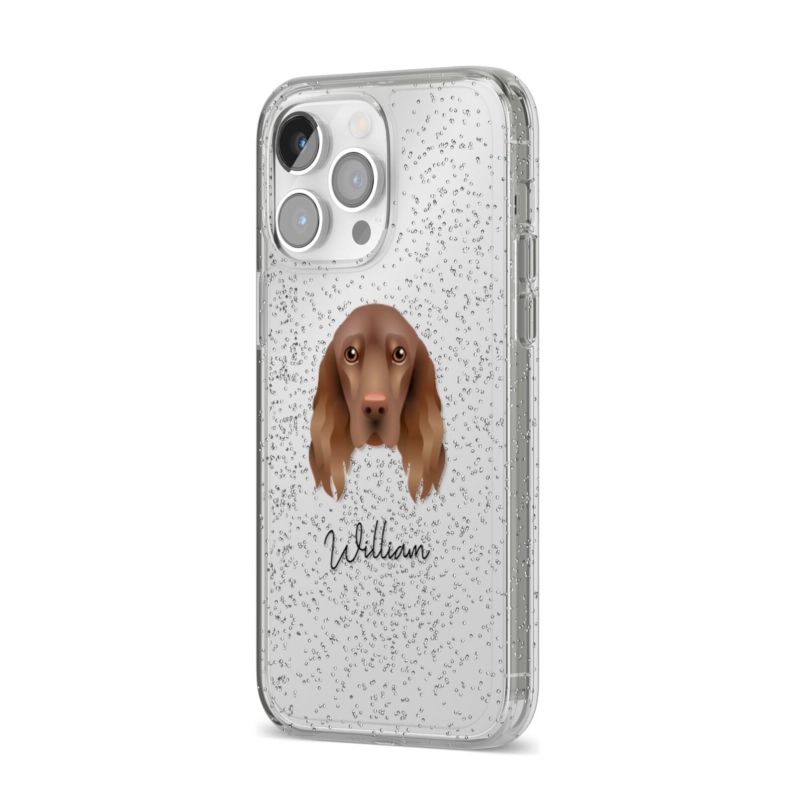 Field Spaniel Personalised iPhone 14 Pro Max Glitter Tough Case Silver Angled Image