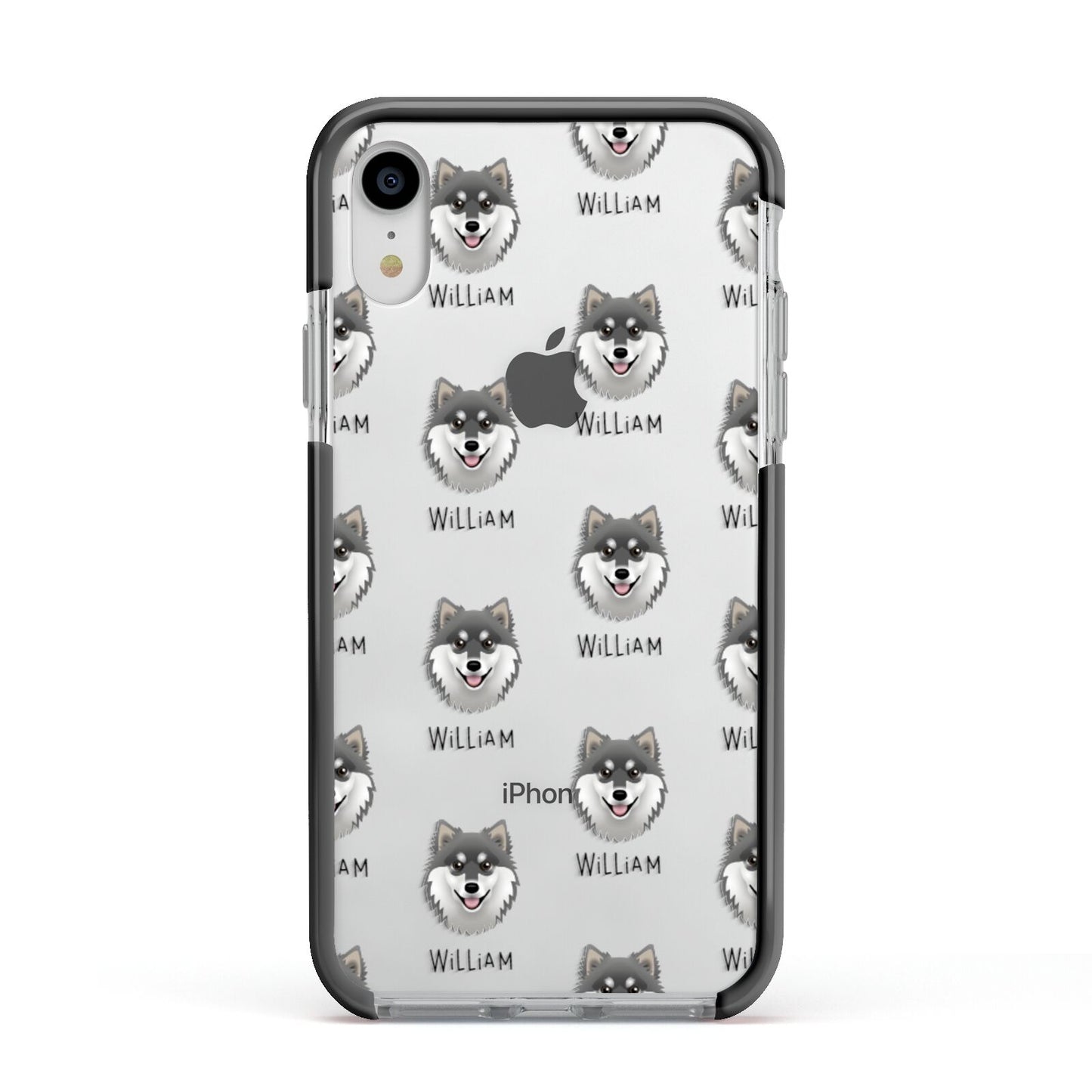 Finnish Lapphund Icon with Name Apple iPhone XR Impact Case Black Edge on Silver Phone