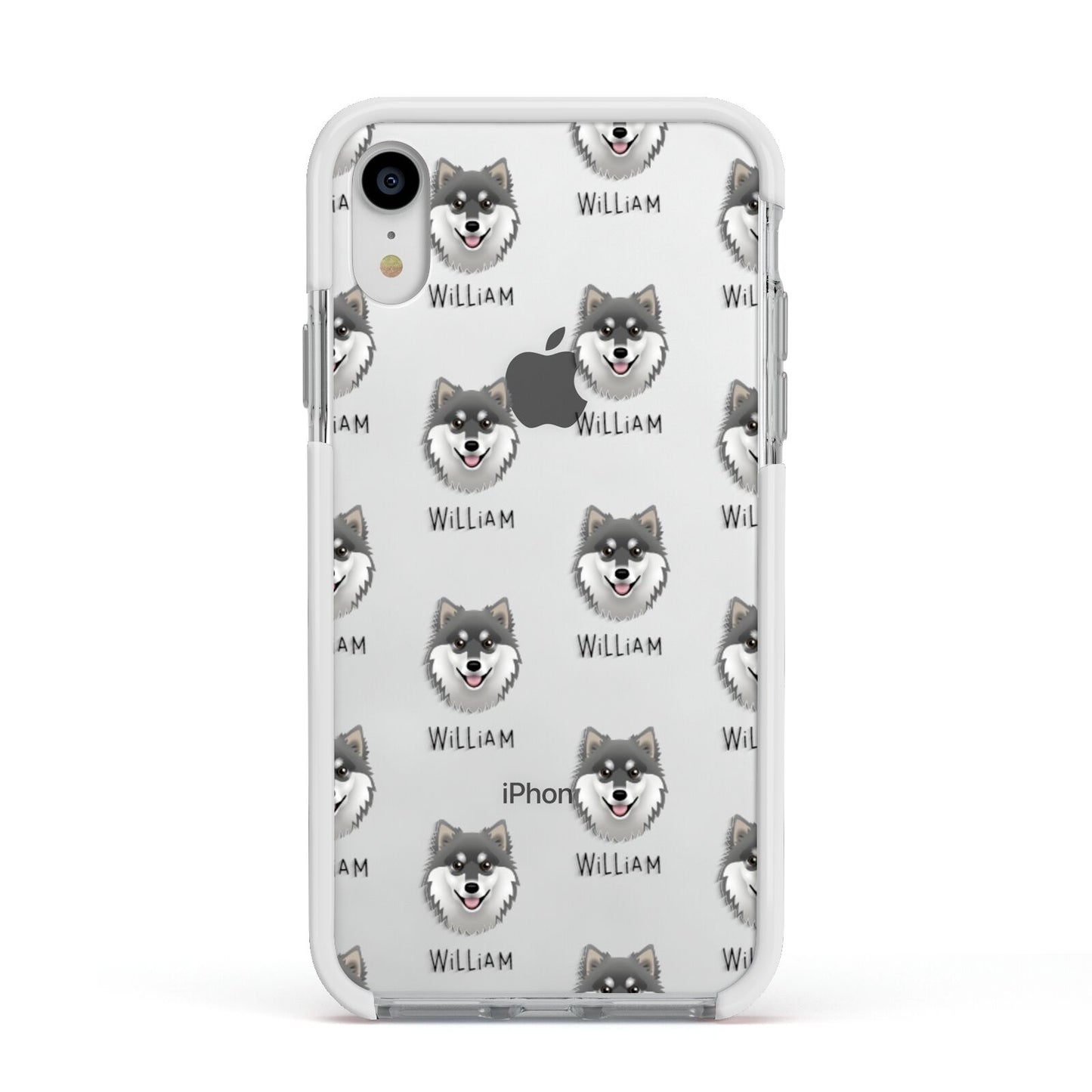 Finnish Lapphund Icon with Name Apple iPhone XR Impact Case White Edge on Silver Phone
