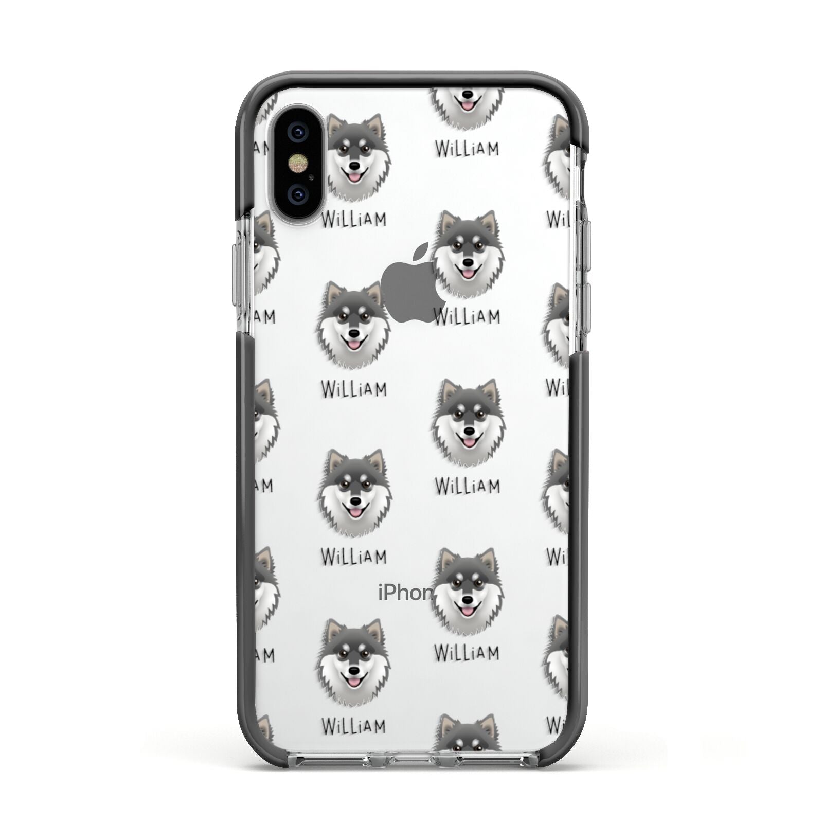 Finnish Lapphund Icon with Name Apple iPhone Xs Impact Case Black Edge on Silver Phone