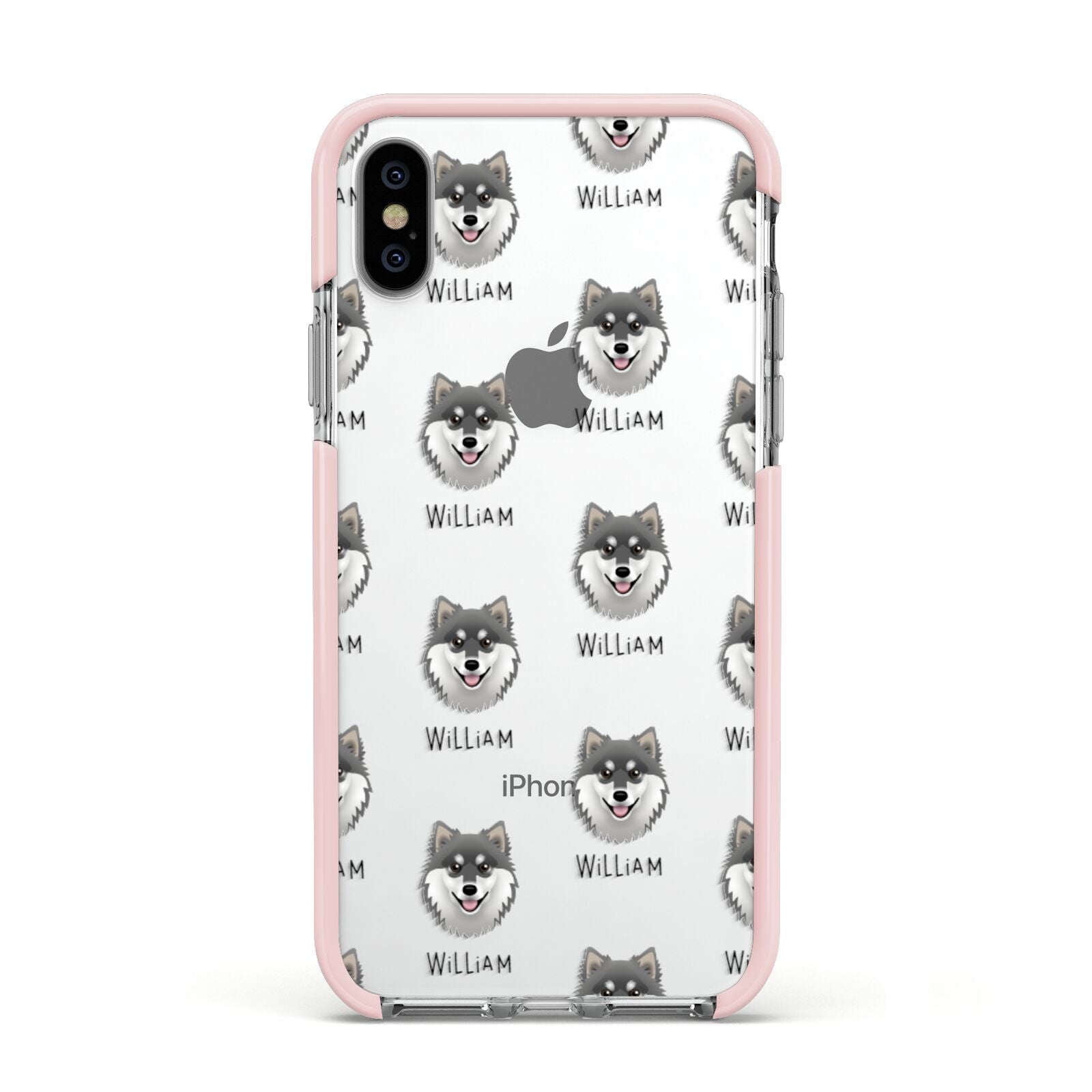 Finnish Lapphund Icon with Name Apple iPhone Xs Impact Case Pink Edge on Silver Phone